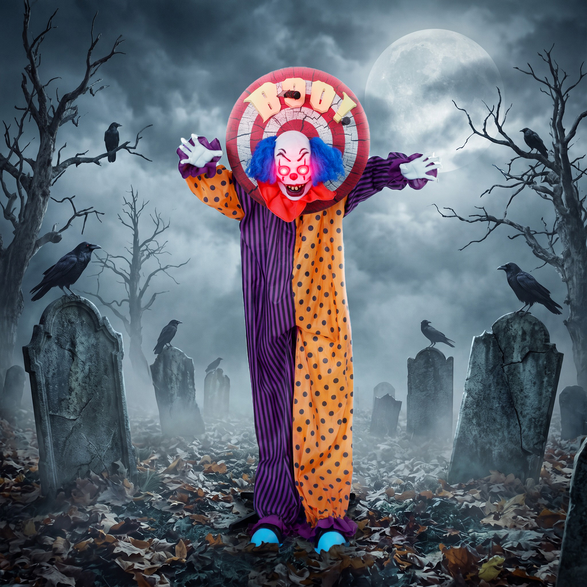 167 cm lebensgroße animierte Halloween-Clown-Deko mit Sound- & Berührungsaktivierung