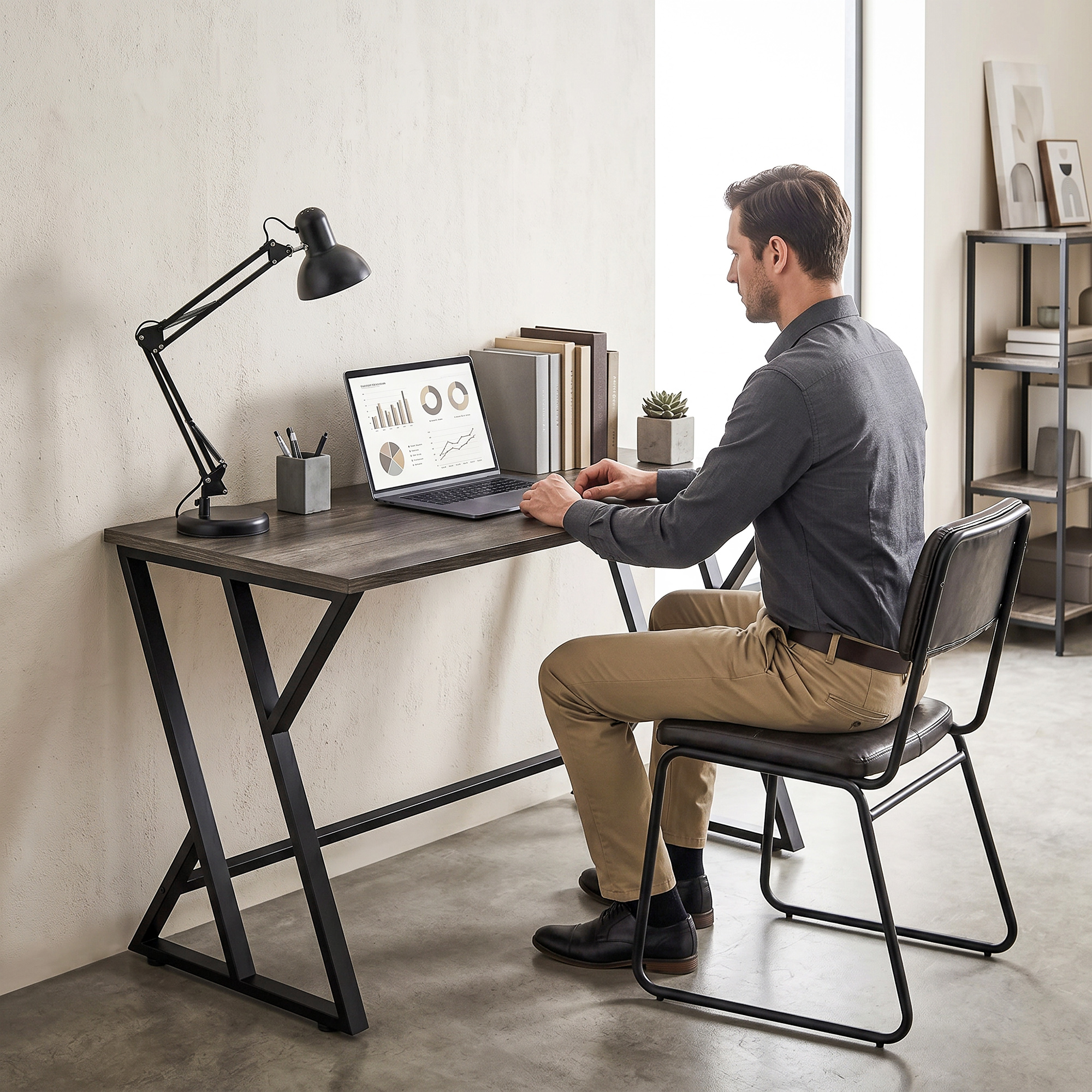 Schreibtisch Computertisch 120x60cm Bürotisch mit Z-förmigem Metallfuß, Holzoptik, Industriedesign für Büro, Grau
