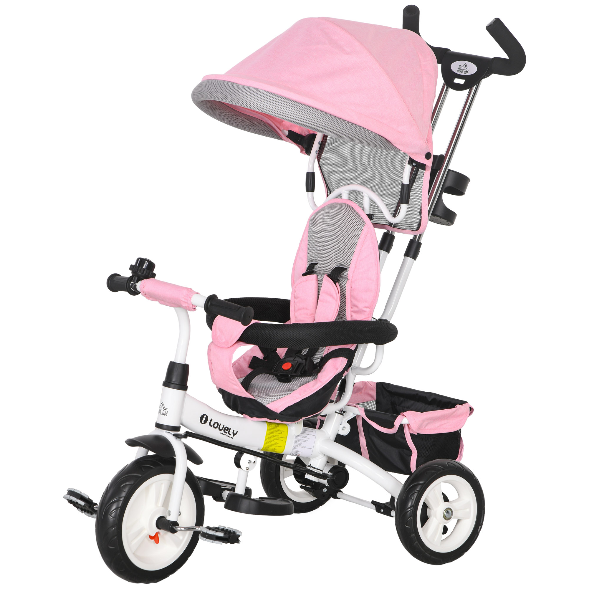 6-in-1 Kinderdreirad mit Schiebestange, Dach, Gurt, Ablagekorb, für 1-5 Jahre, Rosa