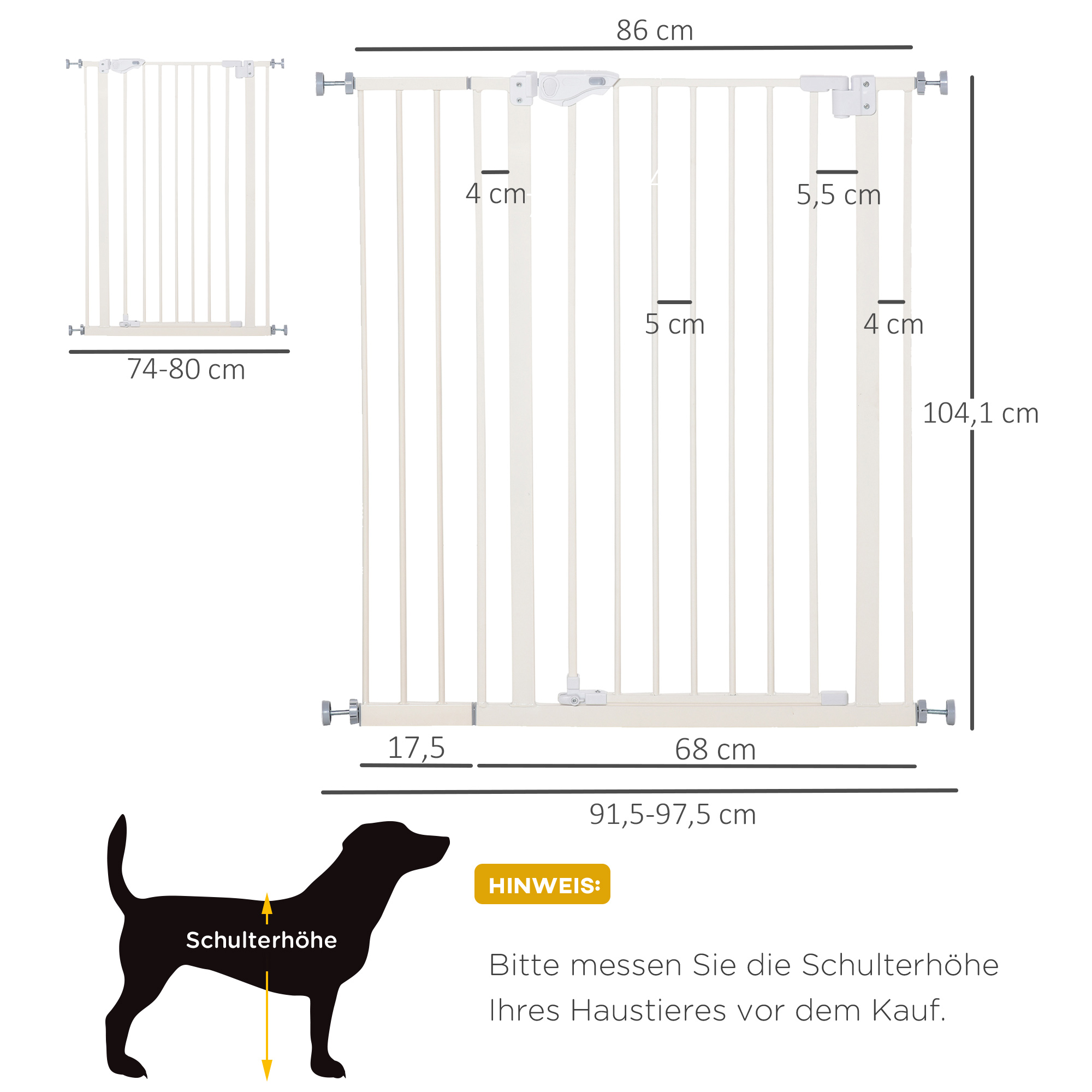 Absperrgitter für Hunde, extra hoch, Schließautomatik, Metallrahmen, 97,5 x 104,1 cm, Weiß