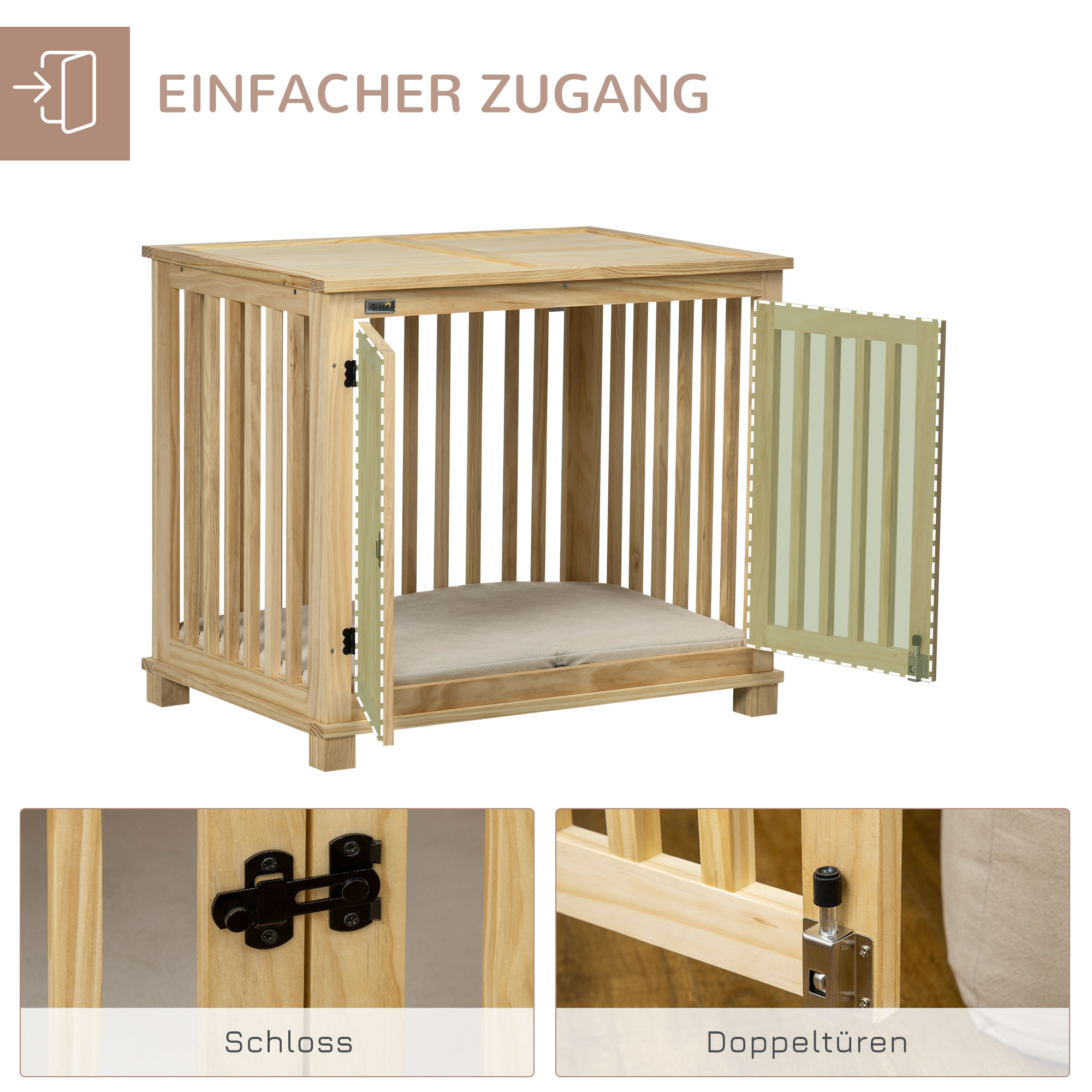 Hundekäfig inkl, Verrieglung und Polster, 82,5 cm x 57 cm x 72 cm, Naturholz + Cremeweiß