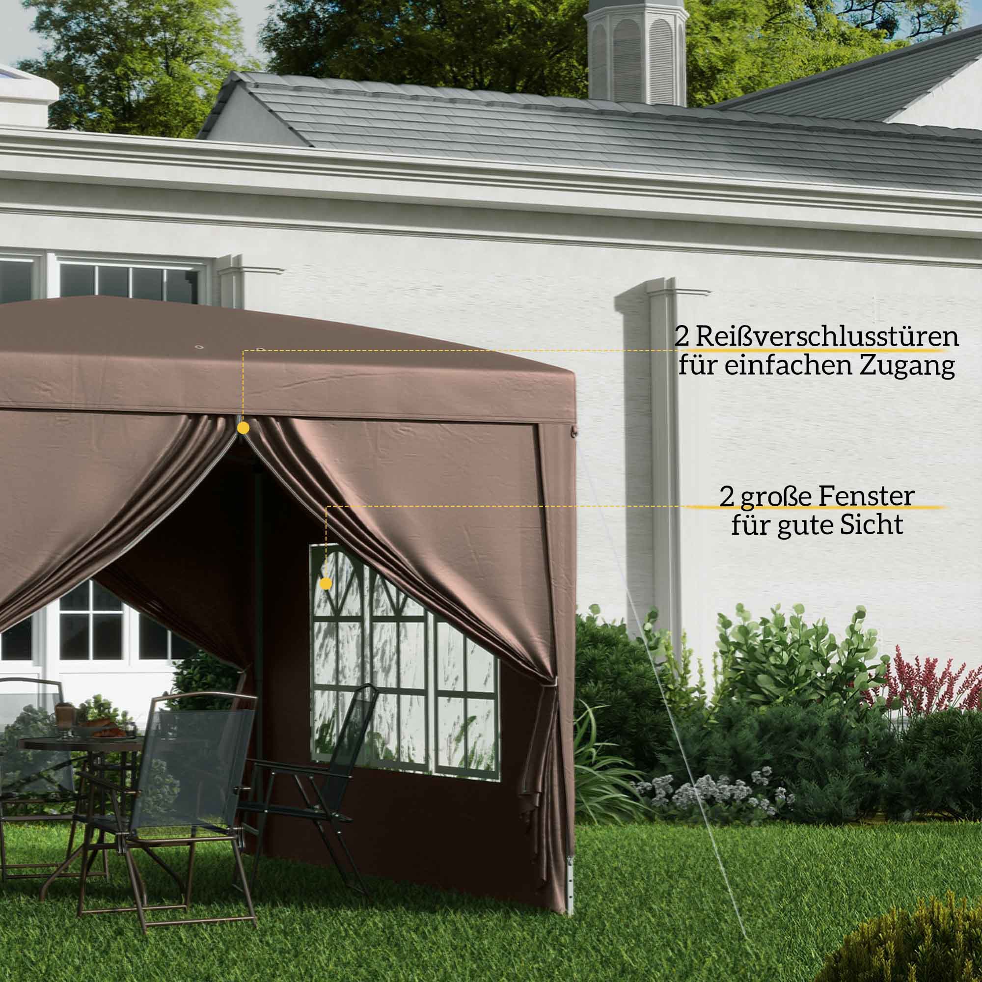 3 x 3 m Pavillon mit 4 Seitenwänden, Fenster, Festzelt mit UV-Schutz, Gartenzelt inkl. Tragetasche, Stahl, Kaffee