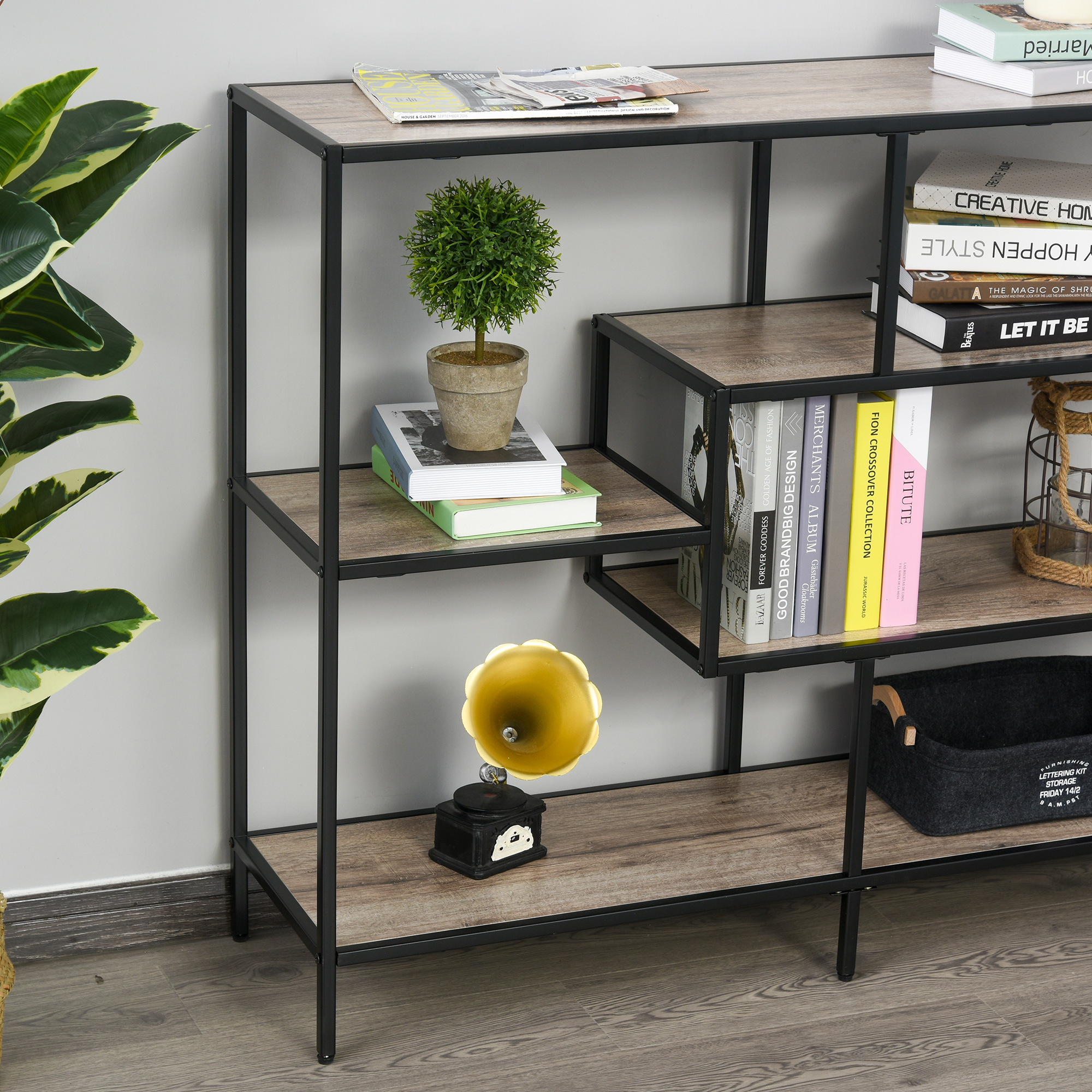 Standregal, Bücherregal Lagerregal Industrieller Stil, Aktenregal, Küchenregal, P2 Spanplatte, Metall, Schwarz+helle Eiche, 120 x 32 x 95 cm