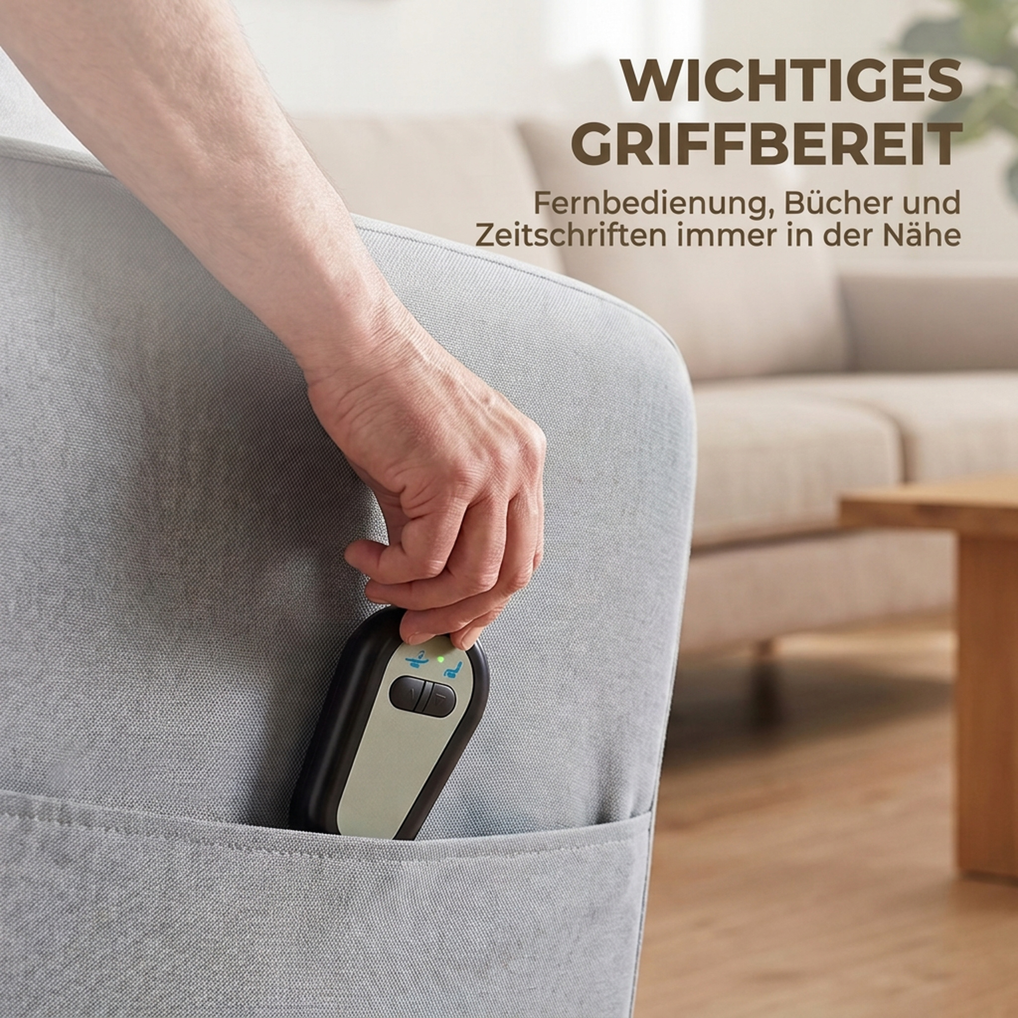 elektrischer Relaxsessel mit Aufstehhilfe, Fernbedienung, weicher Schaumstoff, Seitentasche, Bezug in Leinenoptik, Grau