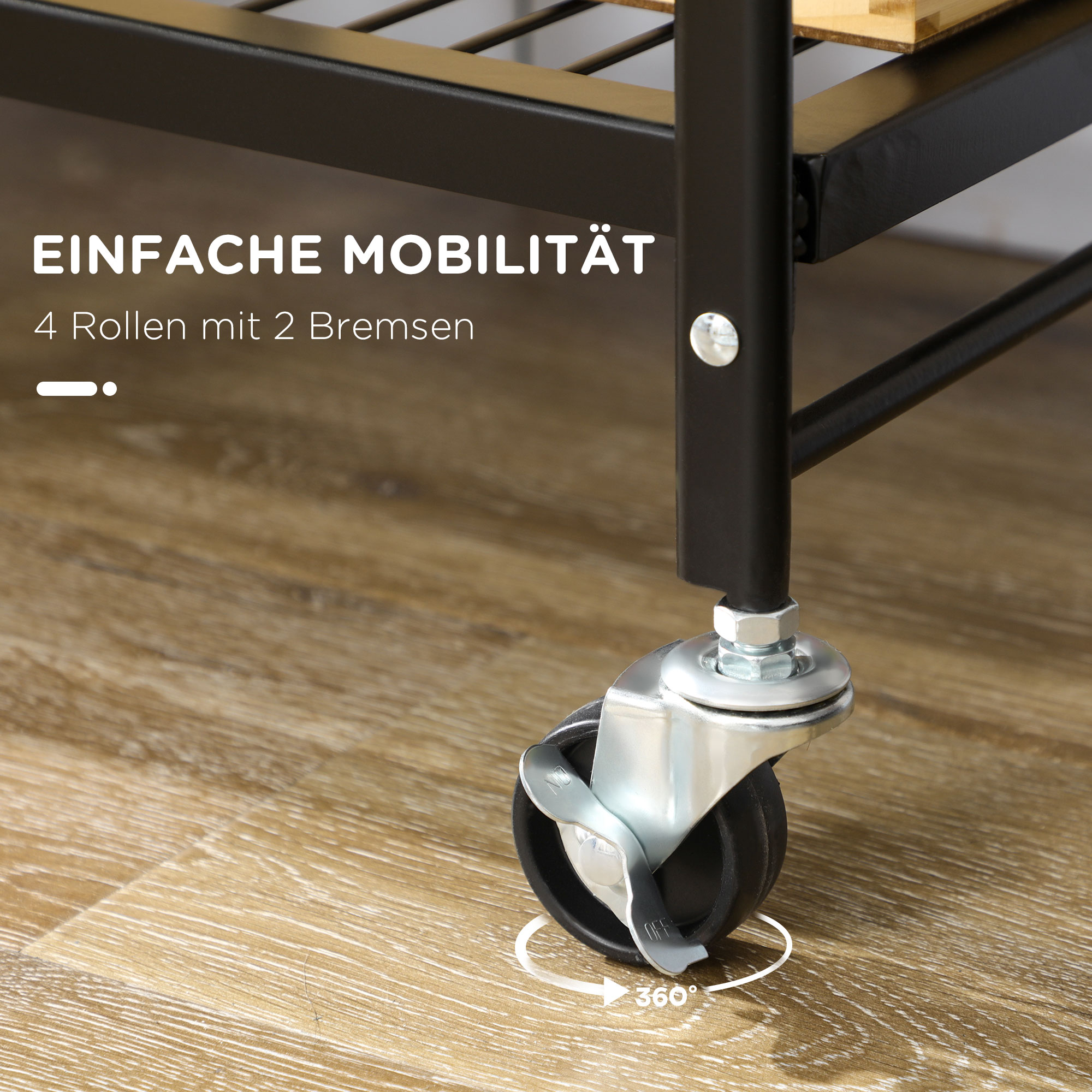 Küchenwagen im Industriedesign, mit 3 Regalen, Mehrzweckwagen, Servierwagen, 4 Räder, klappbar, Braun + Schwarz
