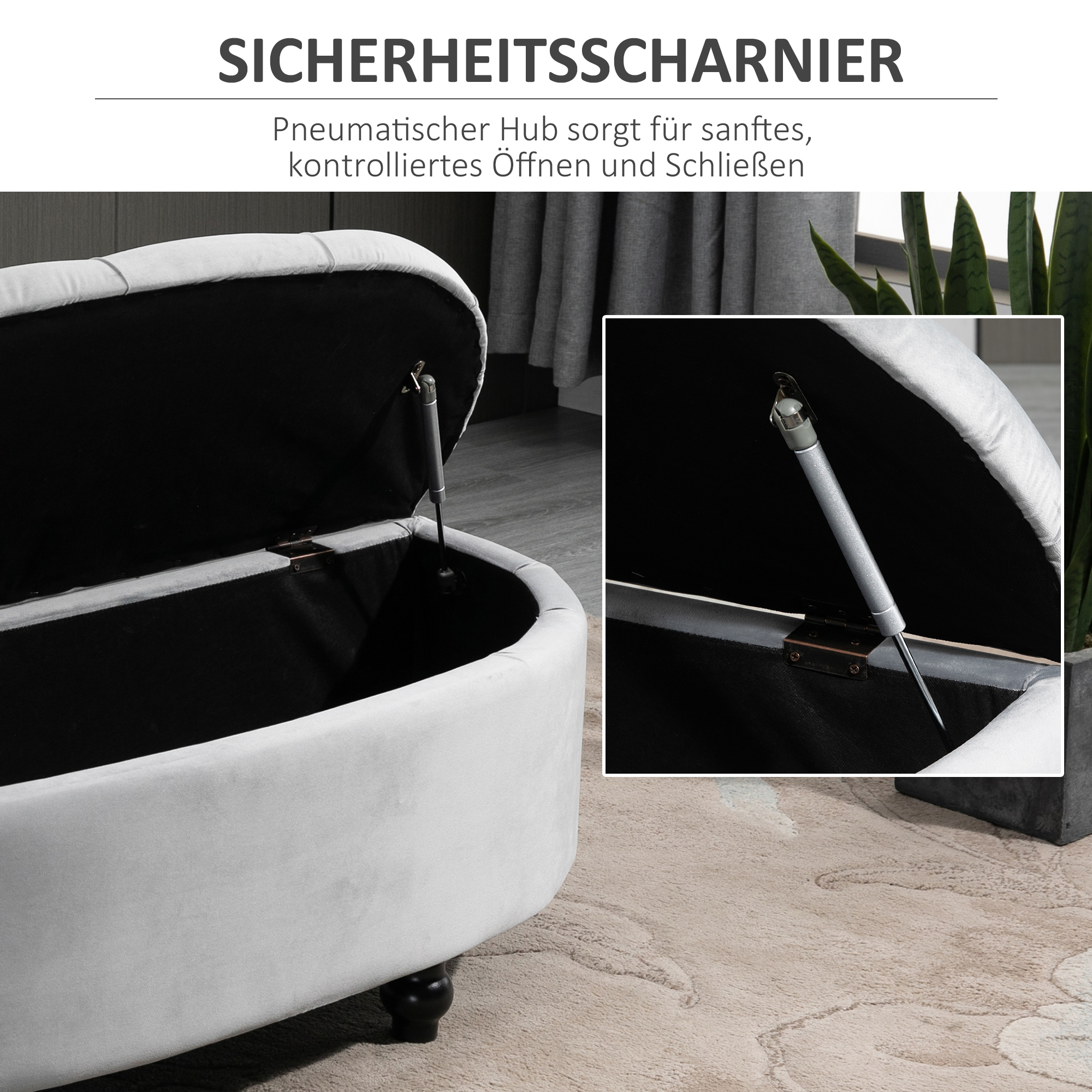 Sitzbank mit Stauraum Polsterbank mit Samtoptik, geöffnetem Deckel Sitztruhe mit Holzbeine, Truhenbank für Wohnzimmer Flur Schlafzimmer 120 x 46 x 42 cm, Grau