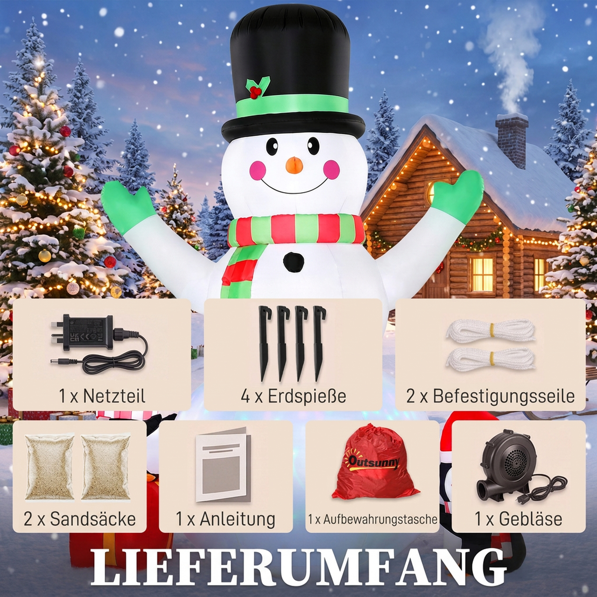 Aufblasbarer Weihnachts-Schneemann, 243 cm, mit buntem LED-Licht, für draußen