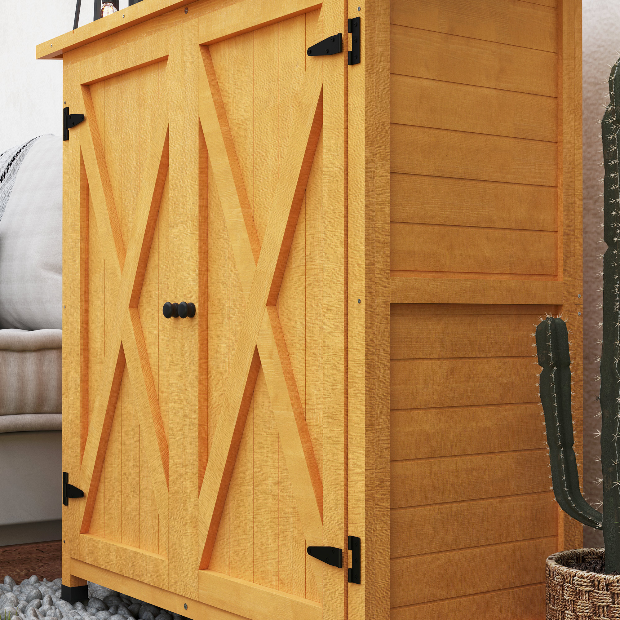 Gartenschrank, Geräteschuppen aus Holz, Wetterfest Geräteschrank mit 2 Türen Asphaltdach 110 x 55 x 117 cm, Gelb