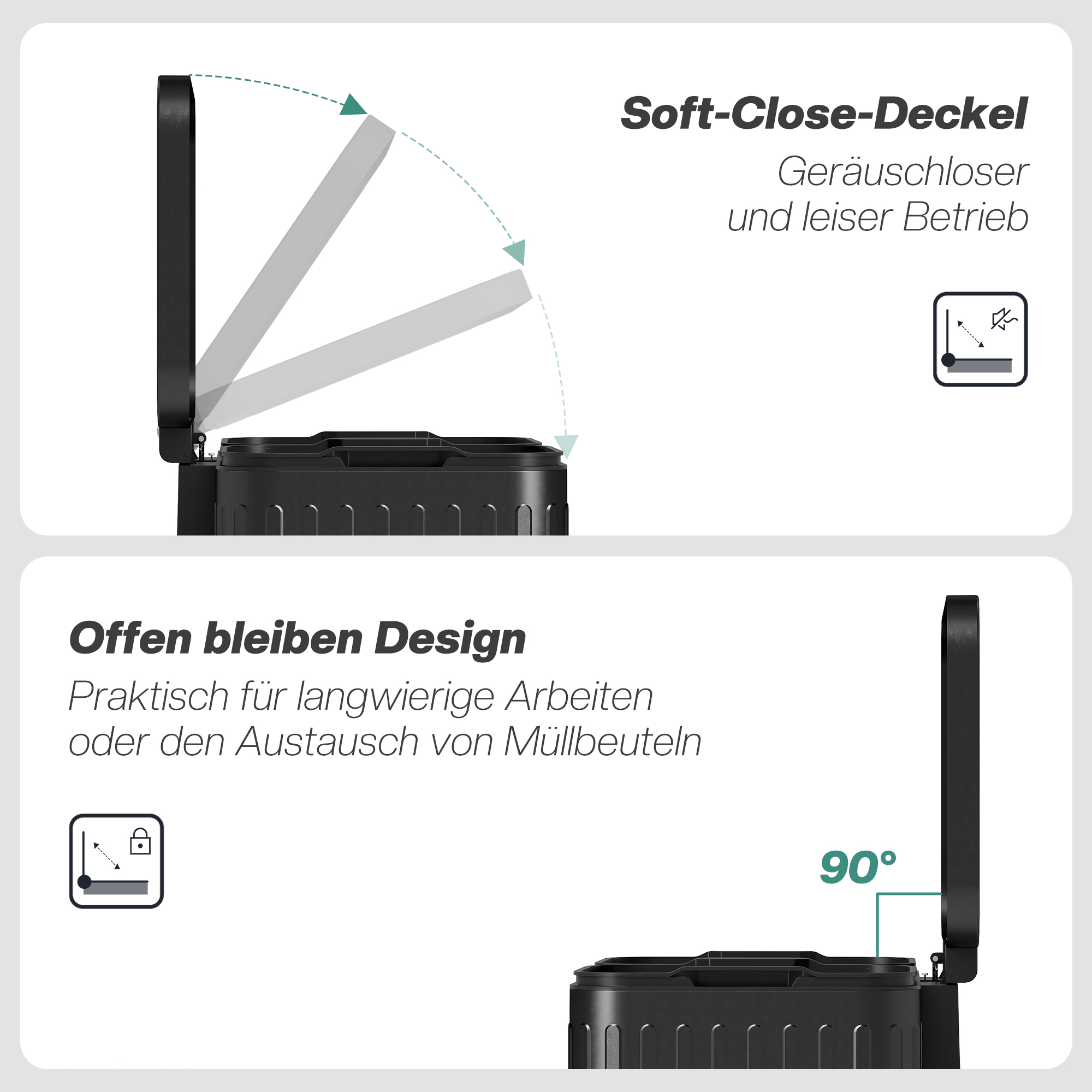 Küchenmülleimer, 2x 20l-Fächer, effiziente Mülltrennung, Fußpedal, Kunststoff, Metall, Schwarz