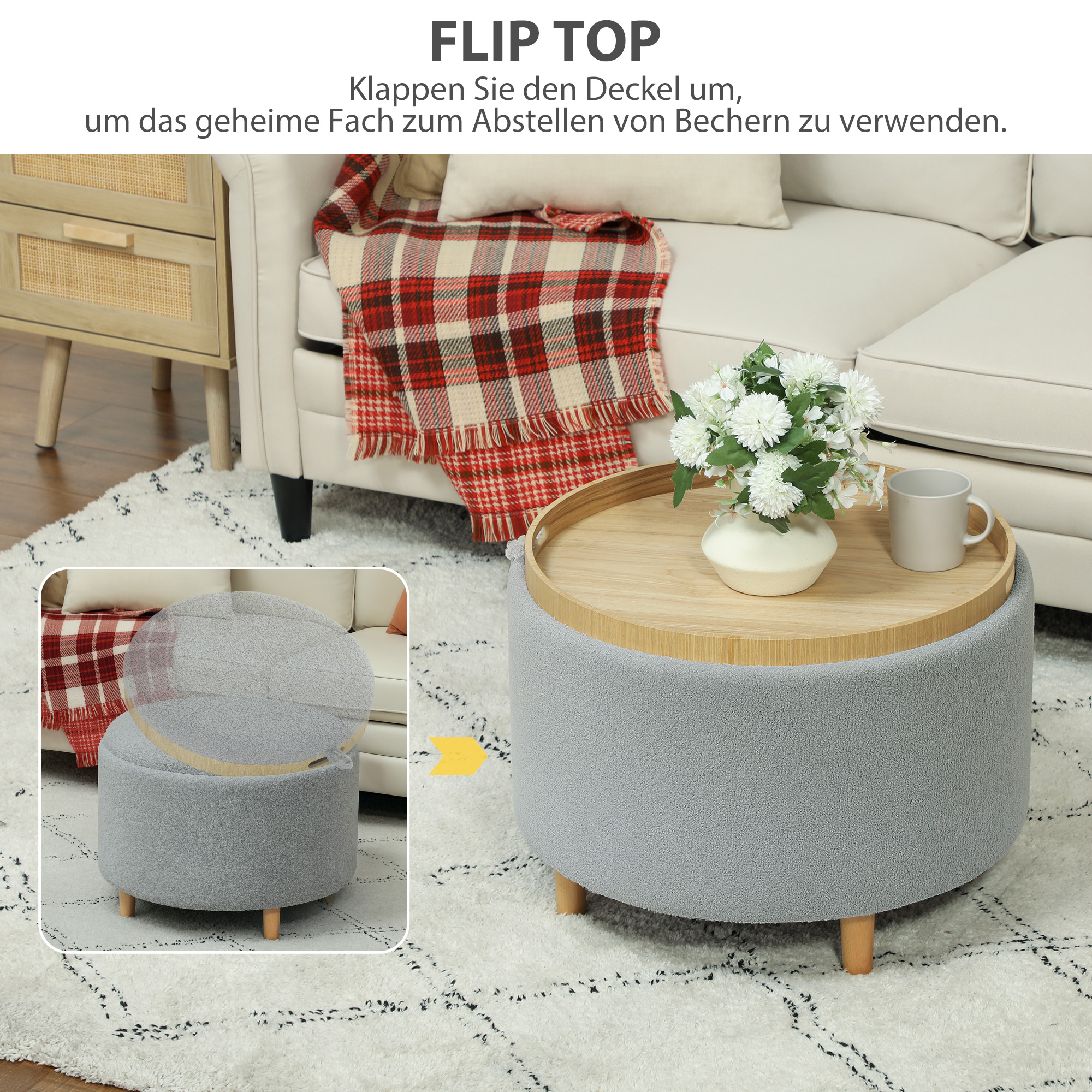 Hocker Polsterhocker, Teddyfleece, versteckter Stauraum, umkehrbarer Deckel, 56 cm x 56 cm x 42 cm, Grau