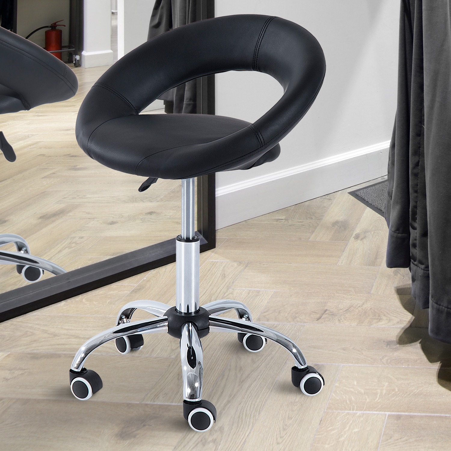 Rollhocker Arbeitshocker Drehhocker Bürostuhl höhenverstellbar, PU+Metall, Schwarz, 50 x 54 x (66-78) cm