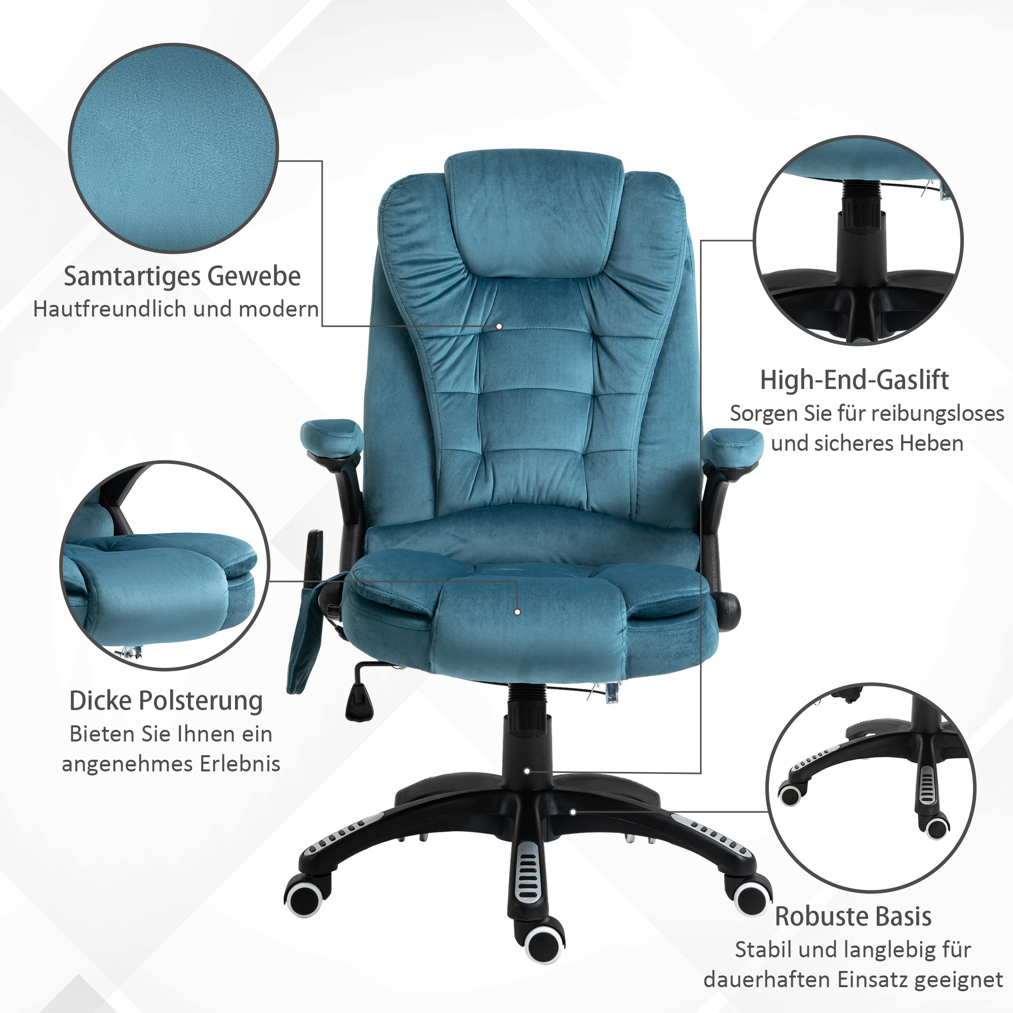 Bürostuhl Massagesessel mit Wärmefunktion Chefsessel mit Massagefunktion höhenverstellbarer ergonomischer Gamingstuhl massage Blau 68 x 72 x 110-120 cm