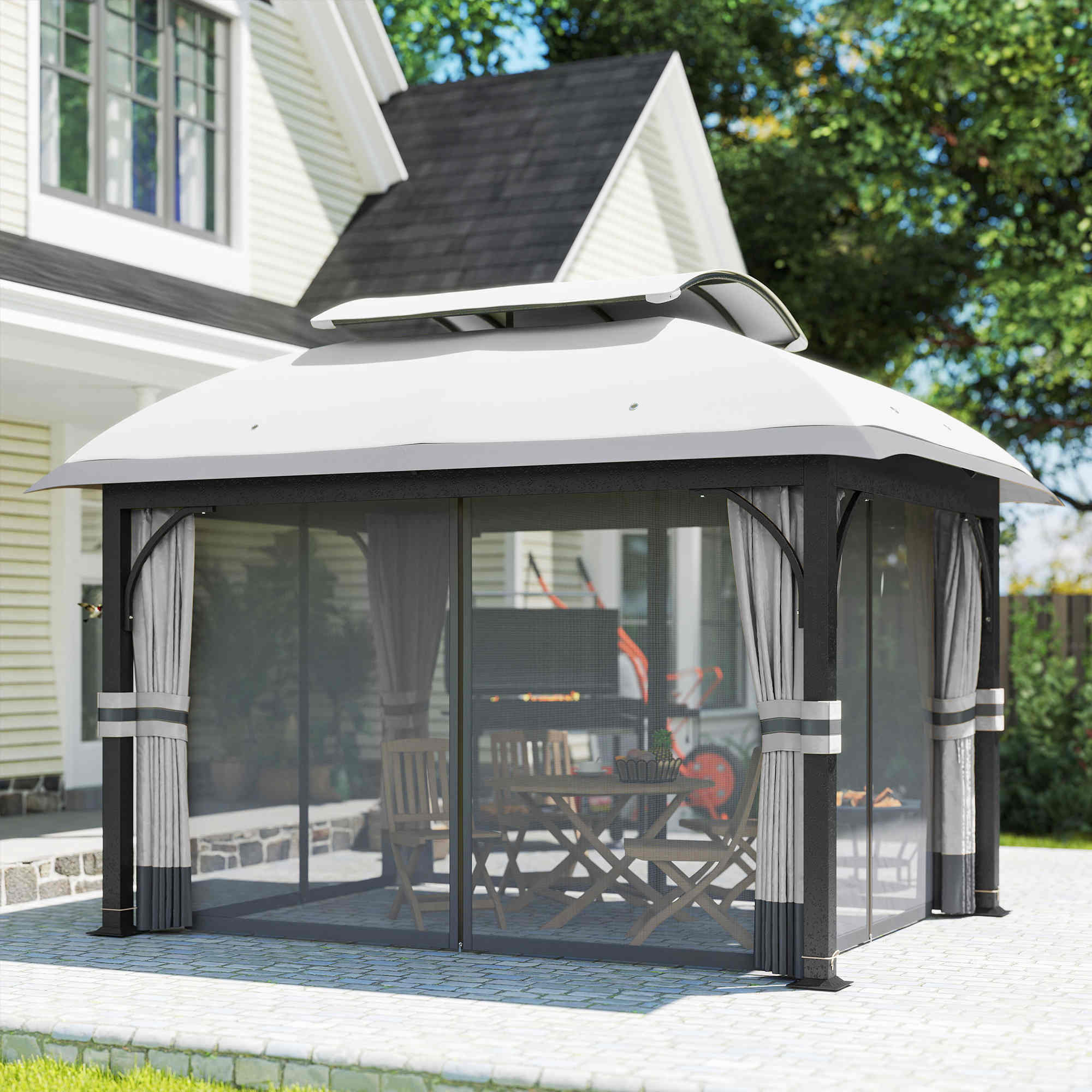 Gartenpavillon, 3,3 x 4 m Gartenzelt mit Netz-Vorhängen, zweistufiges Dach, Kunstleder-Bezug, Metallrahmen, Hellgrau