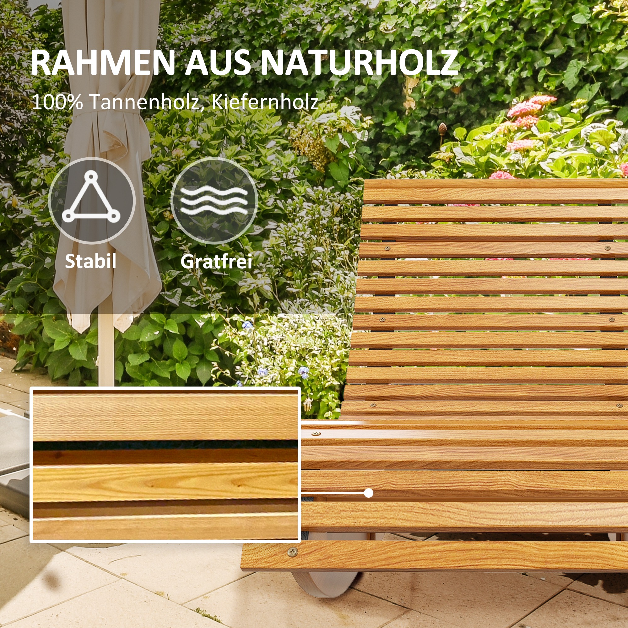 Outdoor Schaukelstuhl, Hochlehner, einstellbare Basis, Kiefernholz, 130 x 60 x 60cm, Hellbraun