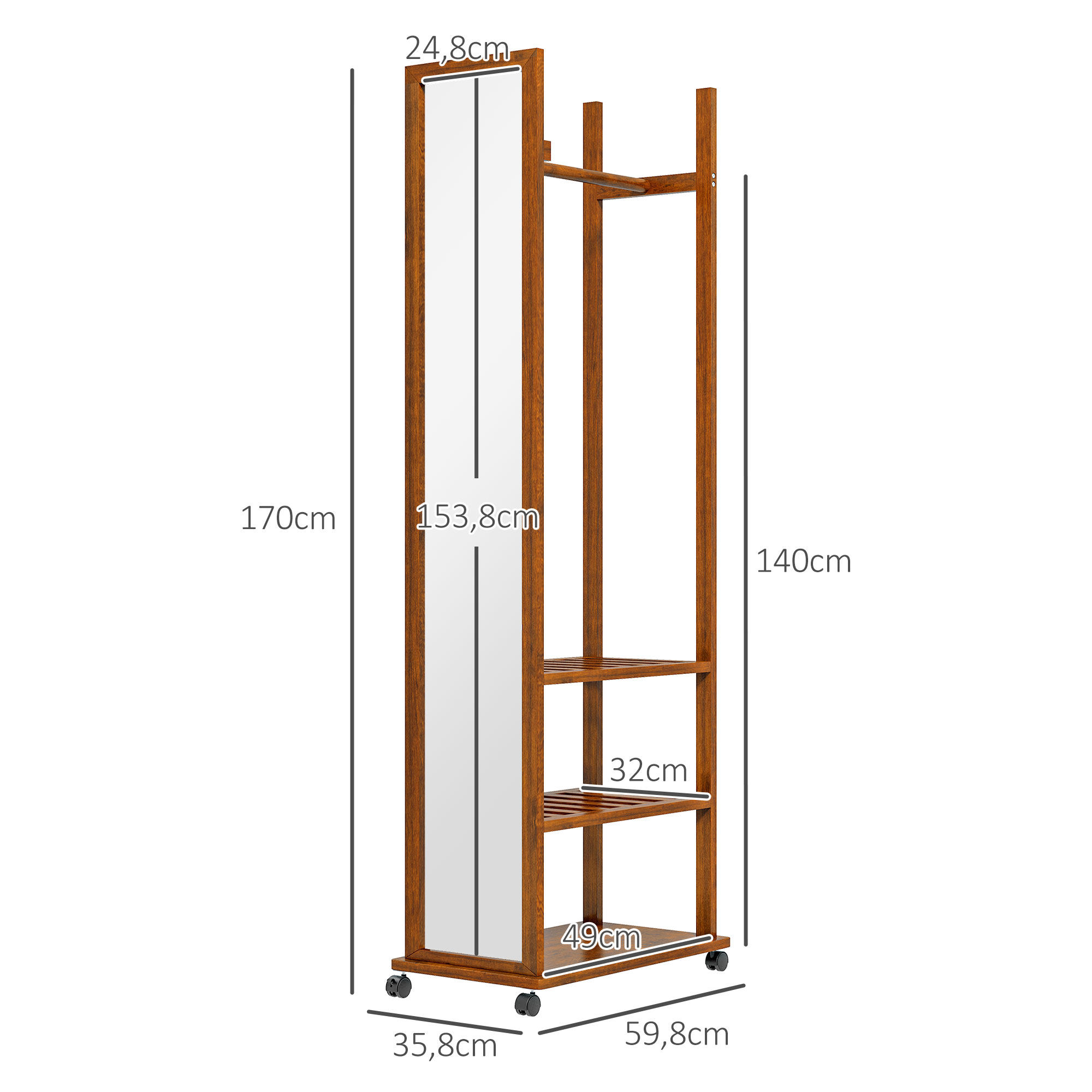 2-in-1-Spiegel Spiegel Ganzkörperspiegel Garderobe, 1 Kleiderstange, 3 Regale, 35,8 x 59,8 x 170 cm, Natur