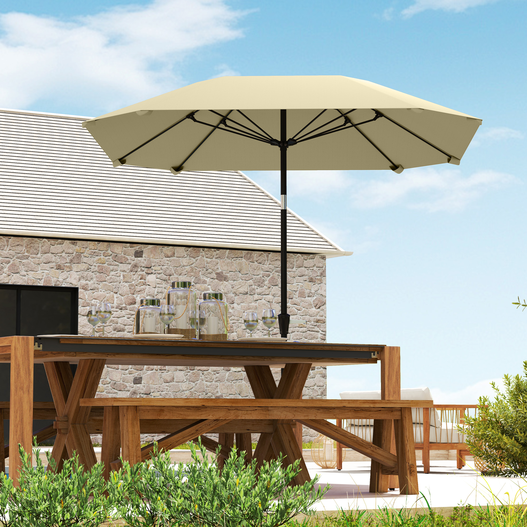 2,3 m Sonnenschirm ohne Basis, Verstellbarer Terrassenschirm mit Kurbel, Polyester, Aluminium, Fiberglas, Beige