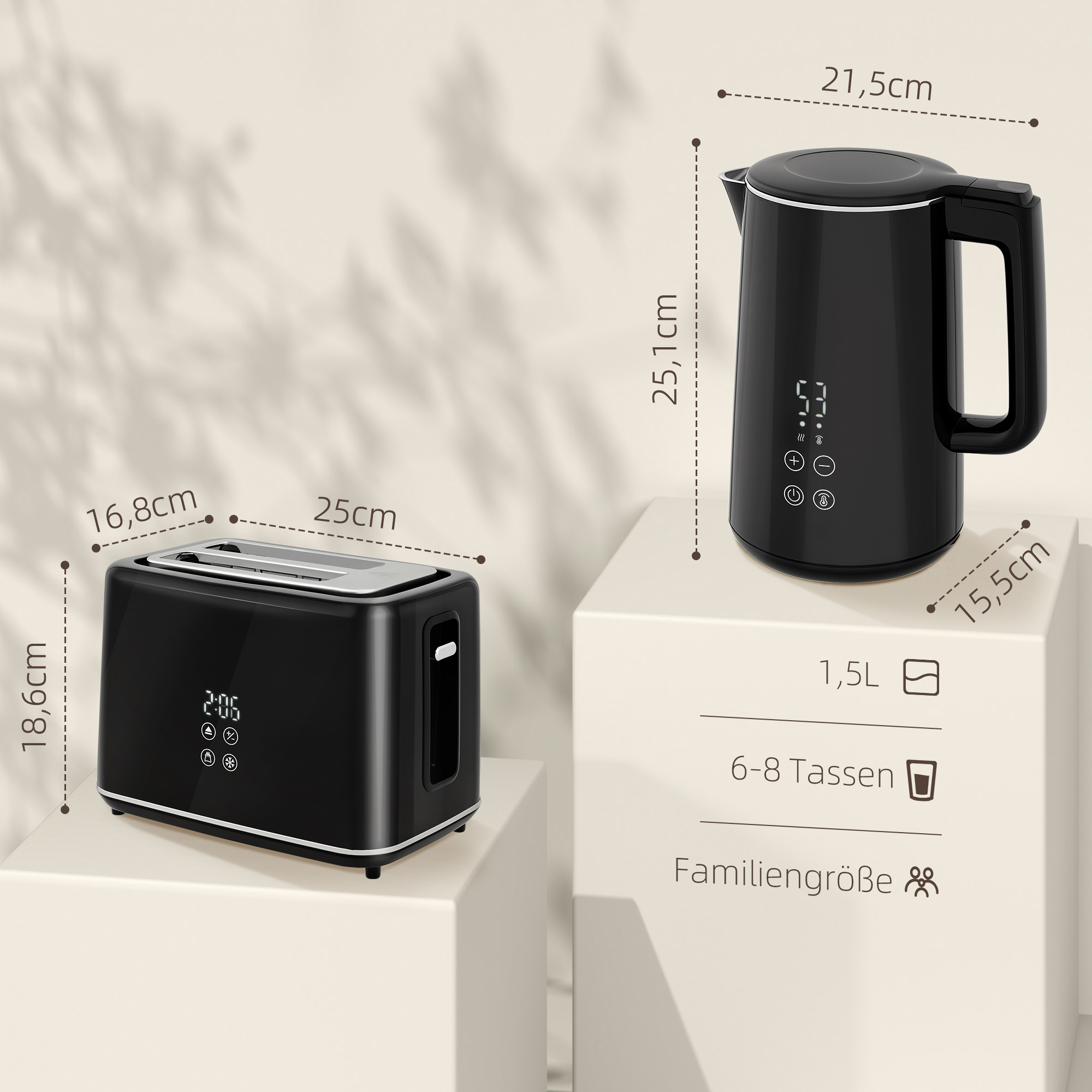 Küchenset mit Wasserkocher und Toaster, 7 Bräunungsstufen, schnelles Kochen, Edelstahl, Kunststoff, Schwarz