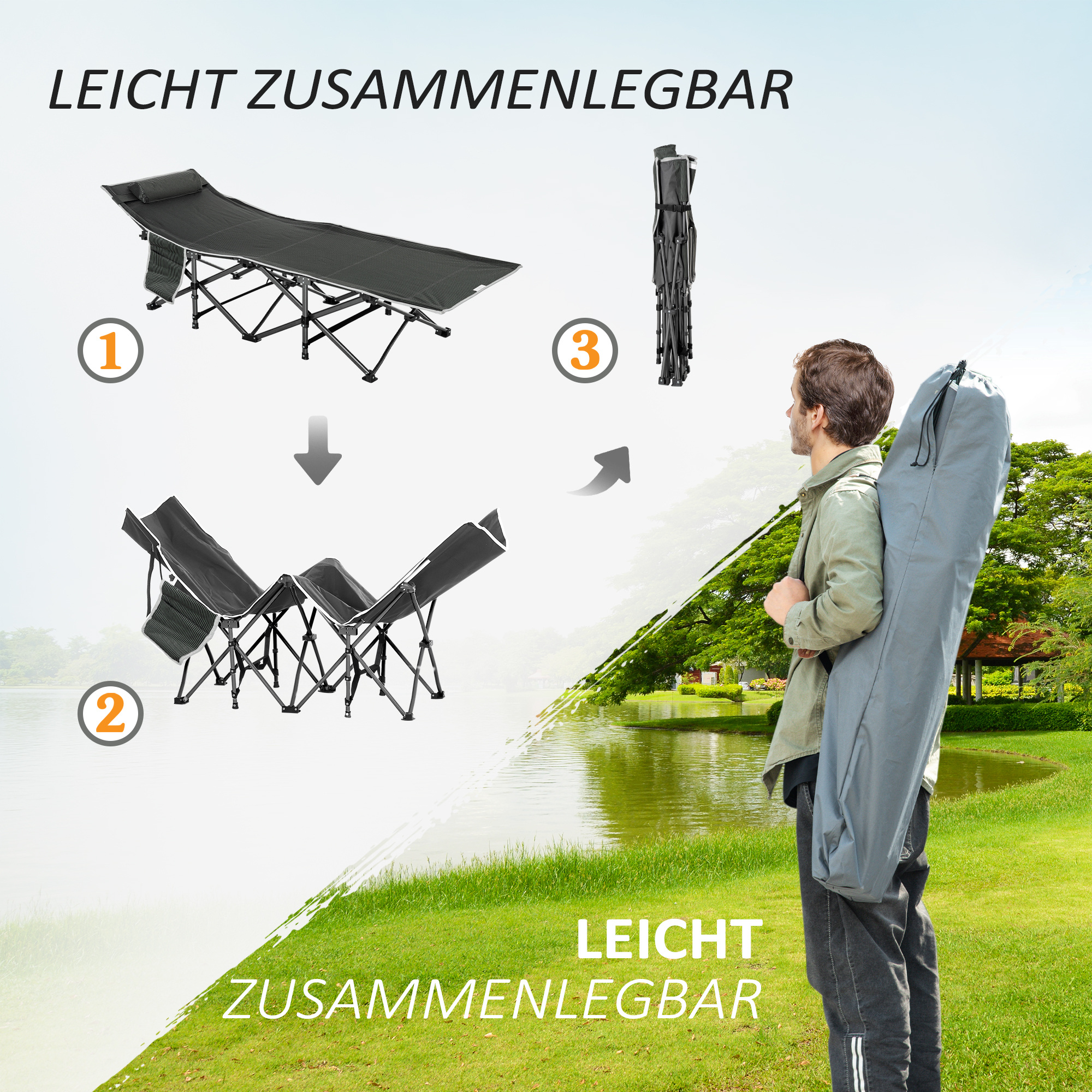 Campingbett, klappbares Feldbett mit Kopfkissen, 188 x 64,5 x 53 cm, Dunkelblau+Grau