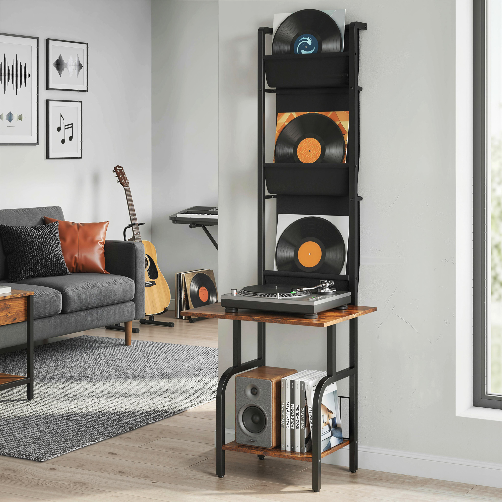 CD-Regal, CD-Aufbewahrung, DVD-Ständer mit 3 Stofftaschen und Tischplatte, Rustikale Holzoptik in Braun