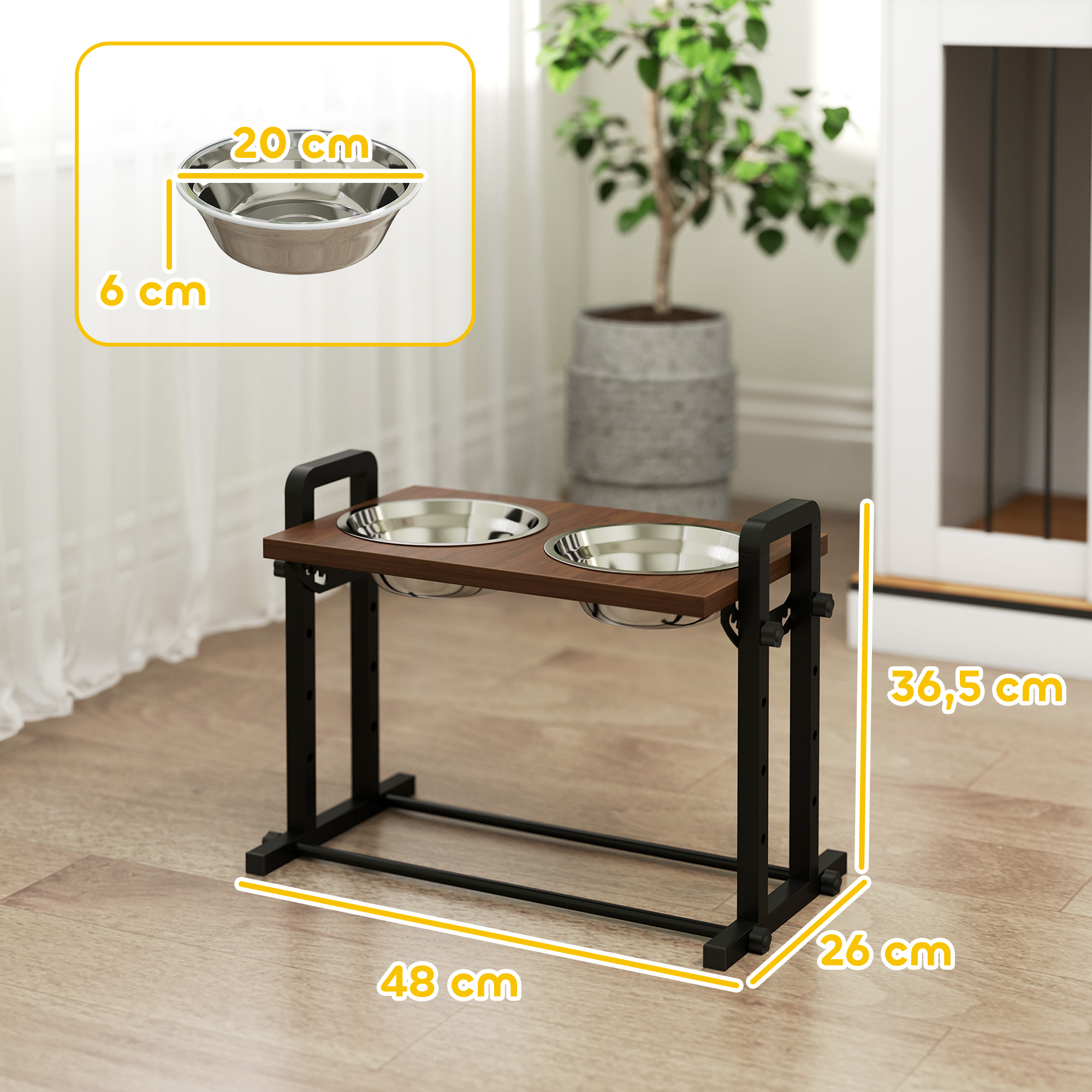Hundenapf erhöht 4 höhenverstellbare Futternapf mit Ständer, 2 x 1,2 L Edelstahlnäpfen, 3 einstellbaren Winkeln, Braun