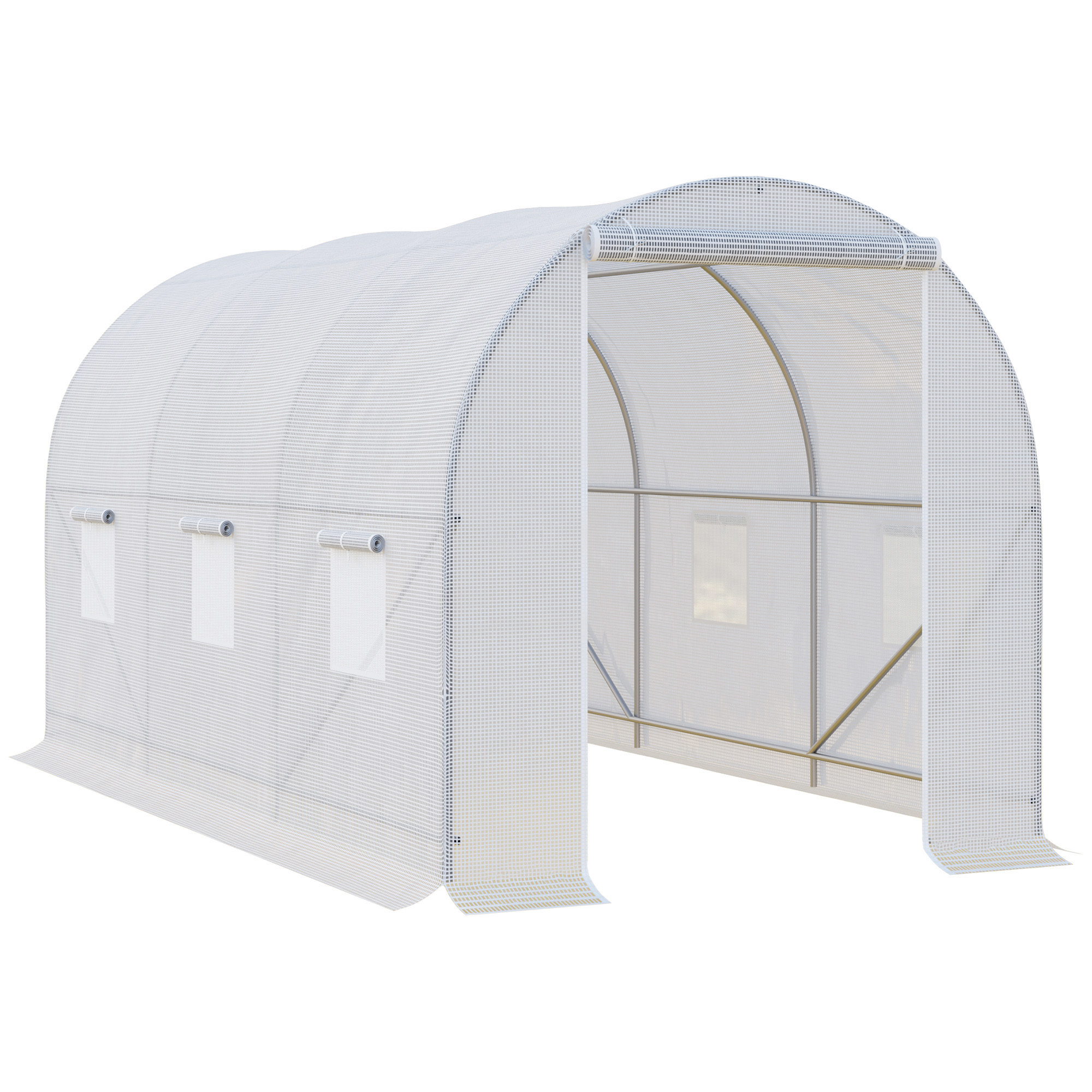Gewächshaus 350x200x200cm Foliengewächshaus Tomatenhaus mit Tür, Fenster, Folientunnel aus verzinktem Stahl, Pflanztunnel, Treibhaus inkl. Erdanker Seilen, Gartentunnel, Weiß