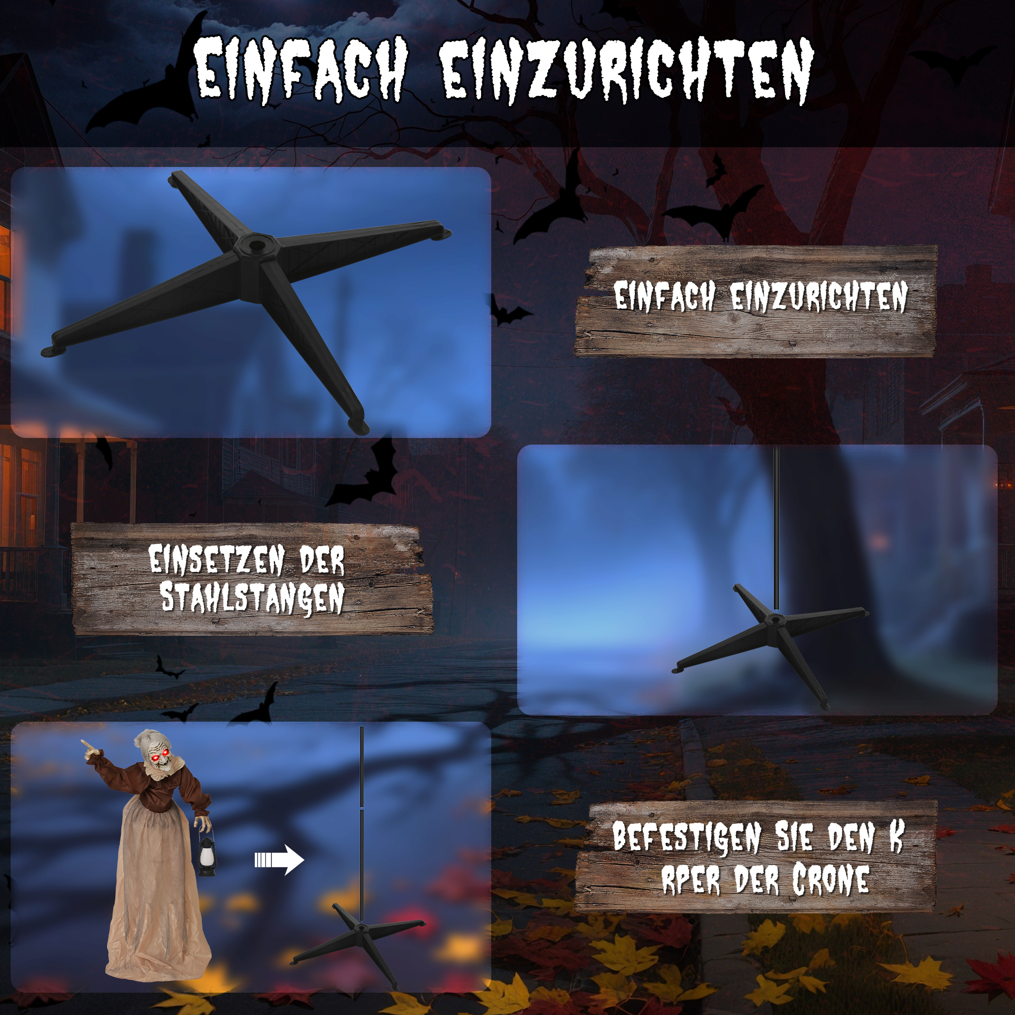 150 cm Halloween Dekoration Halloween Hexe mit LED-Lichter, Soundfunktion verstellbare Arme, Kopf