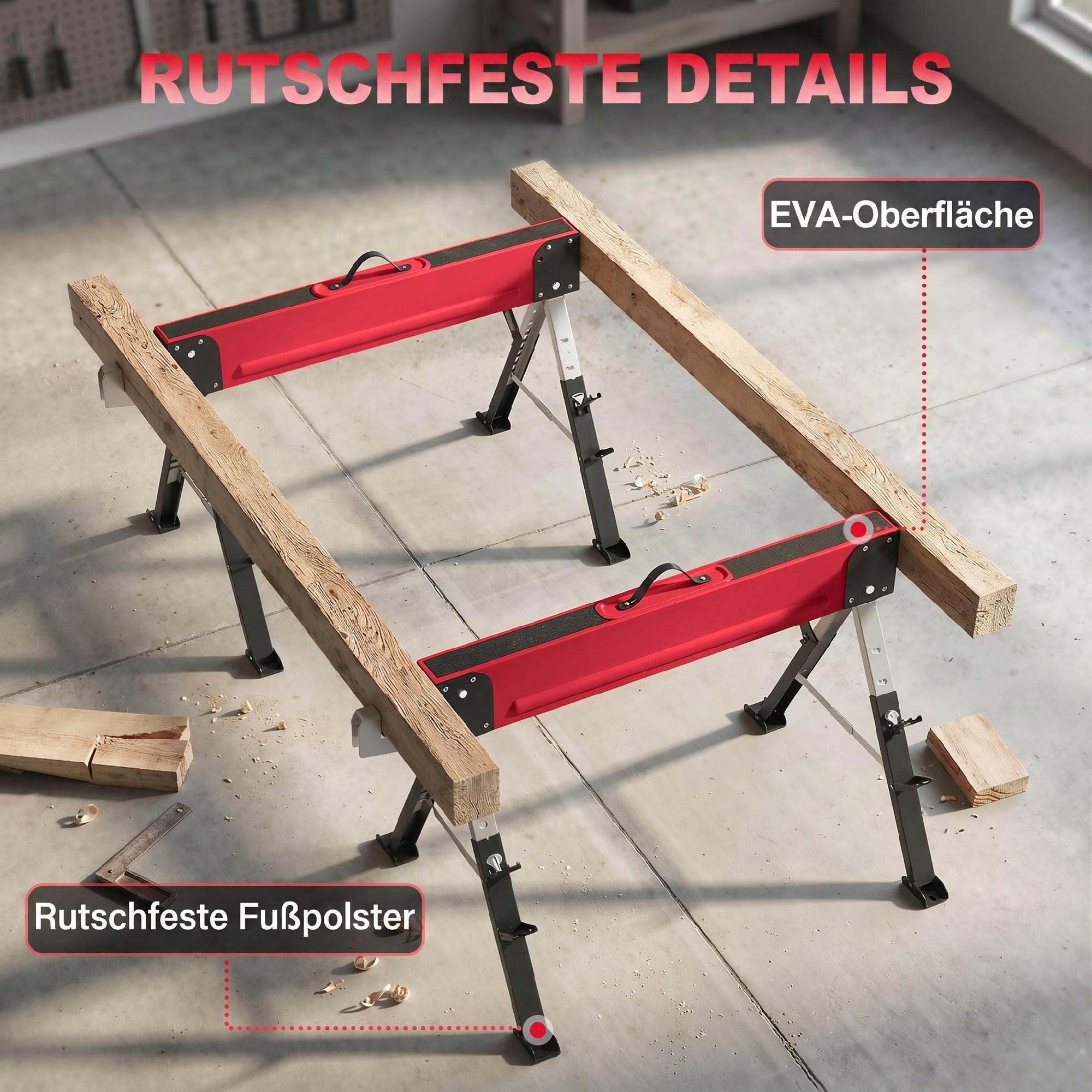 2er Set Arbeitsbock bis 1160 kg klappbar Sägebock 7-fach höhenverstellbar 64-81 cm Gerüstbock aus Metall mit Griff Rot