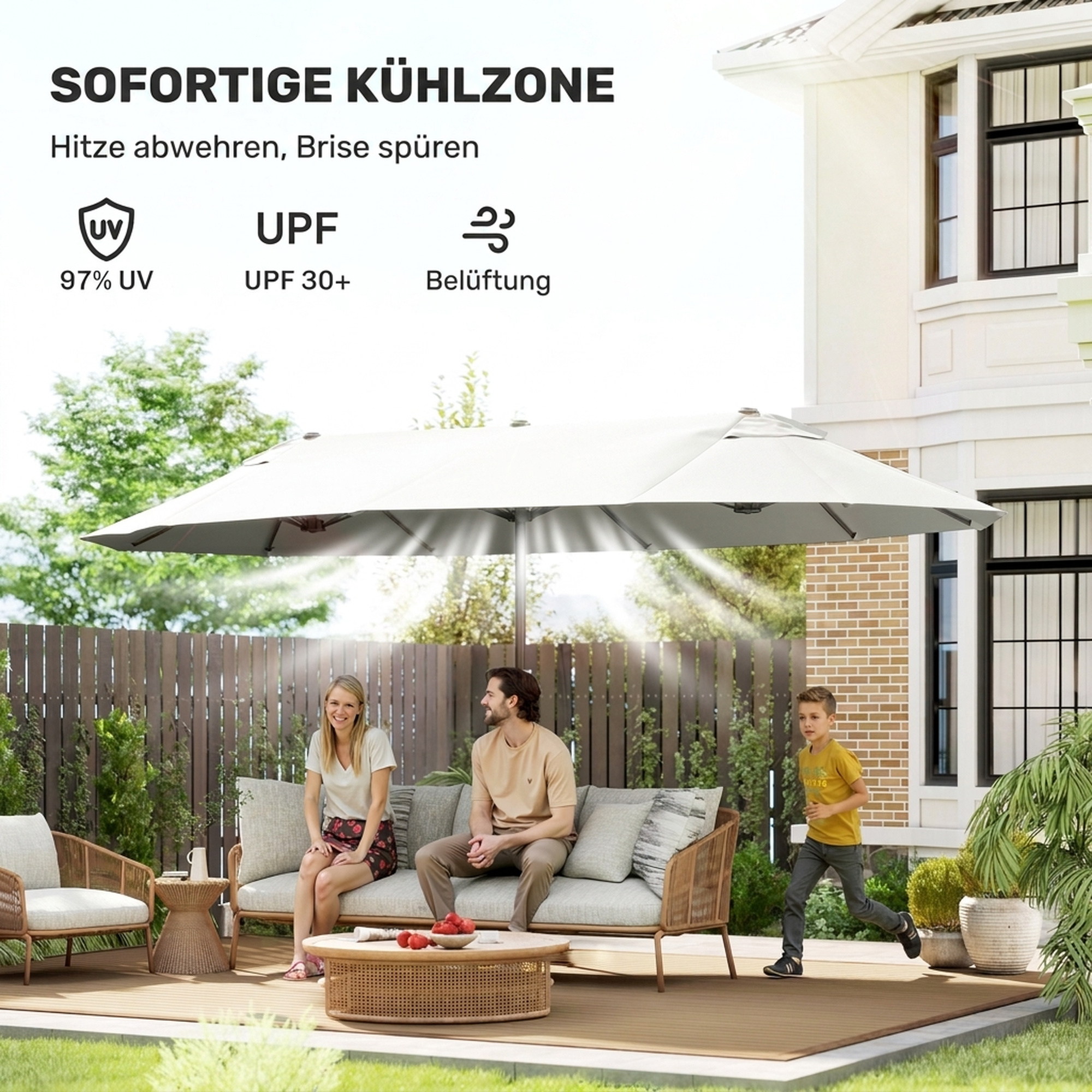 XXL Sonnenschirm mit Handkurbel wetterbeständig 455 cm x 270 cm x 240 cm Stahl Polyester Beige