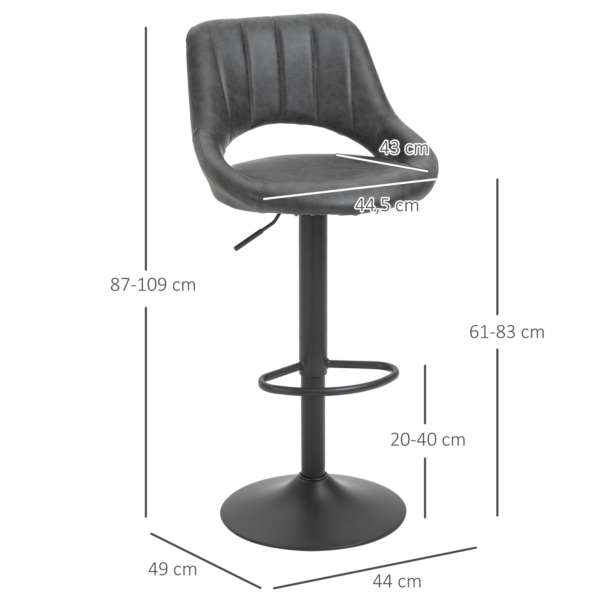 Barhocker 2er-Set, Lederoptik, drehbar, höhenverstellbar, Fußstütze, Metallrahmen, 47 x 52 x 87-109 cm, Grau