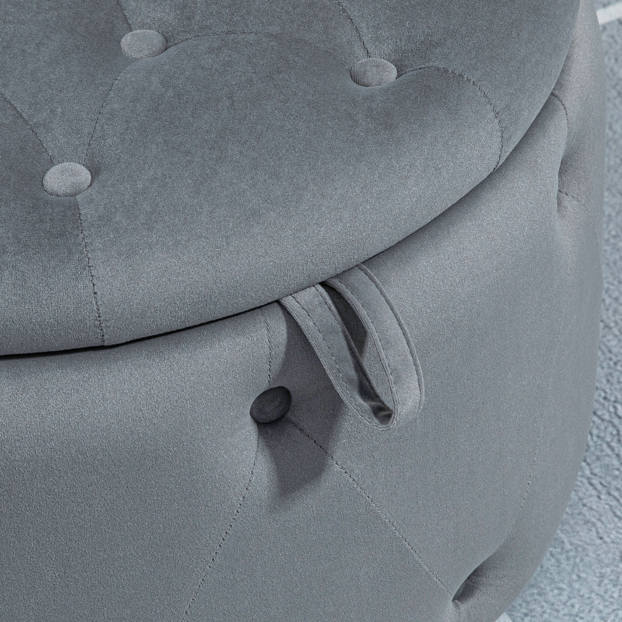 Hocker, rund, mit Staufach, Steppdesign mit Knöpfen, Bezug in Samtoptik, grau, 60 x 60 x 40cm