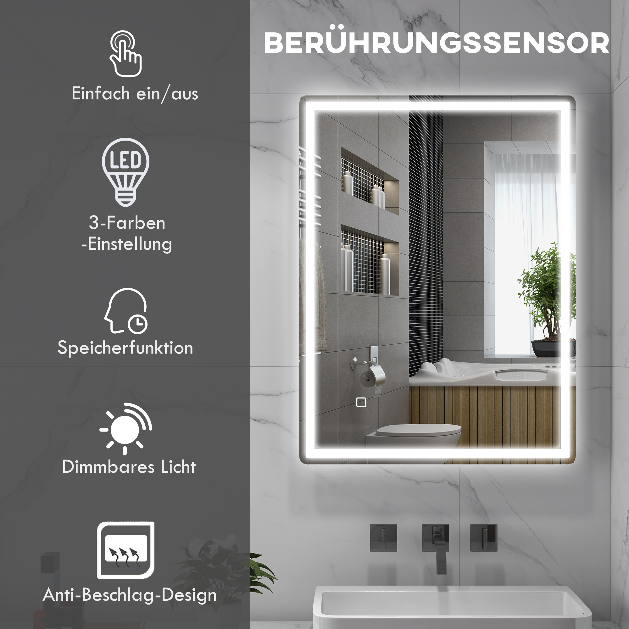Badspiegel Badezimmerspiegel Wandspiegel LED´s, Ber, gsschalter, Antibeschlagfunktion, 60 x 80 x 4 cm, Weiß