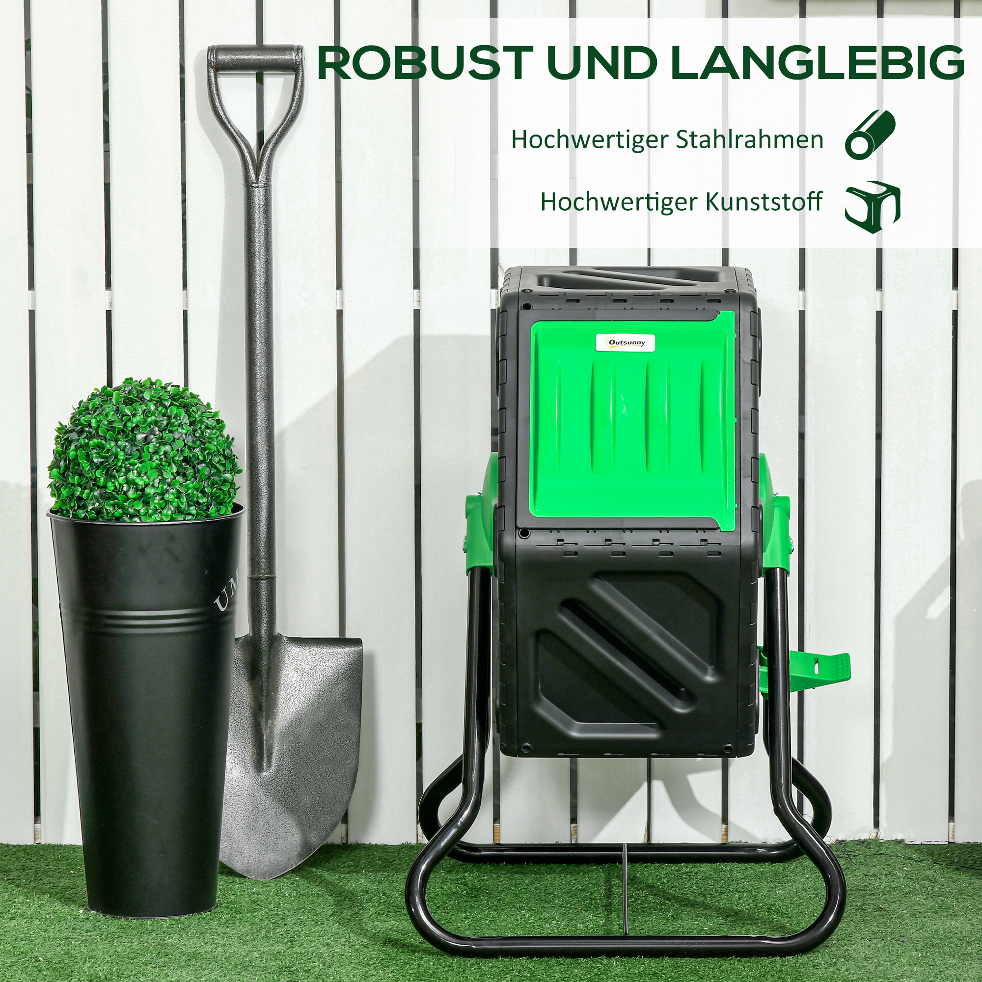 Kompostbehälter, 65 Liter Komposter, drehbar, kompakt, 24 Belüftungslöcher, Stahl, Kunststoff, Grün+Schwarz