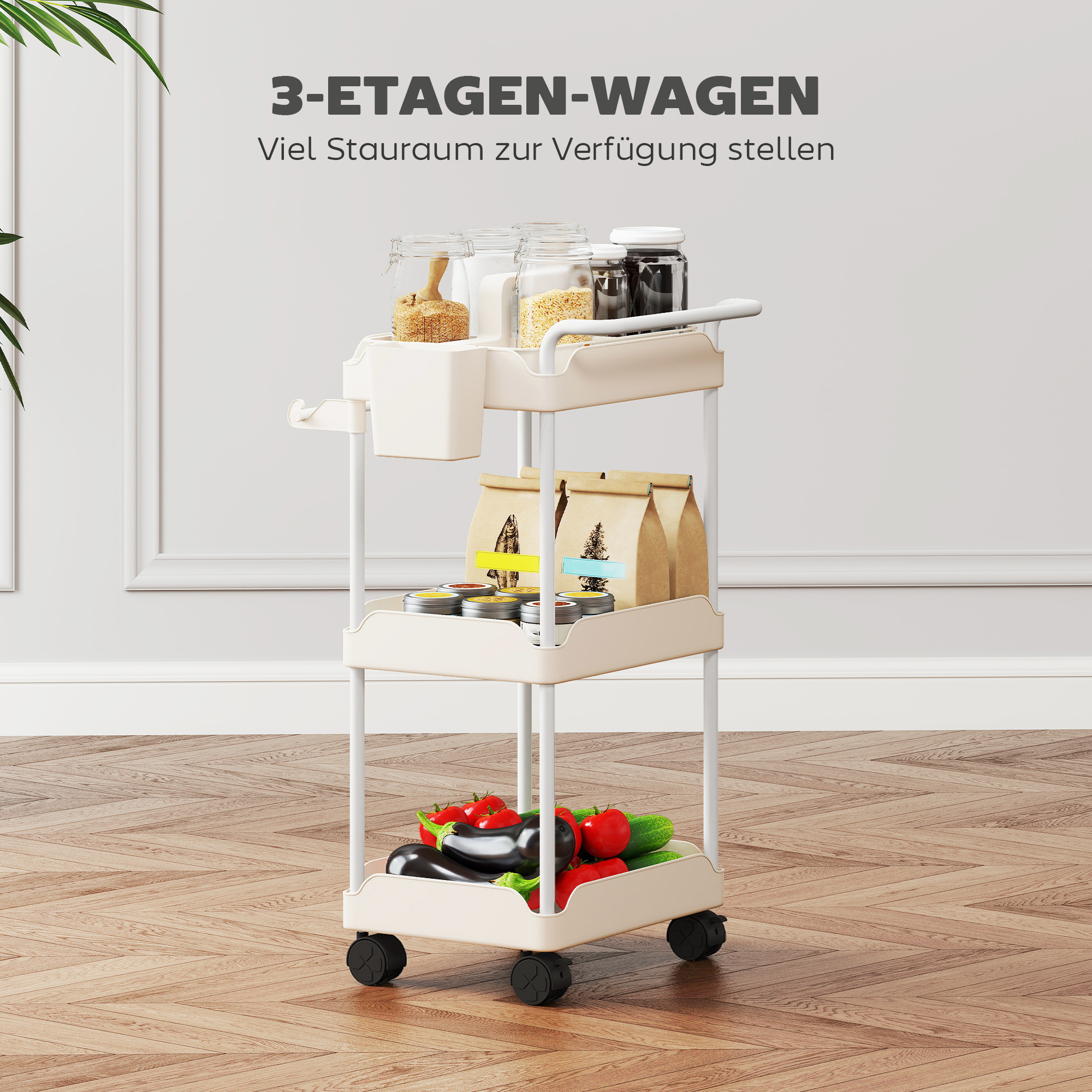 Aufbewahrungswagen, 3 Körbe, Handtuchhalter, Räder, Griff, Metallgestell, Weiß