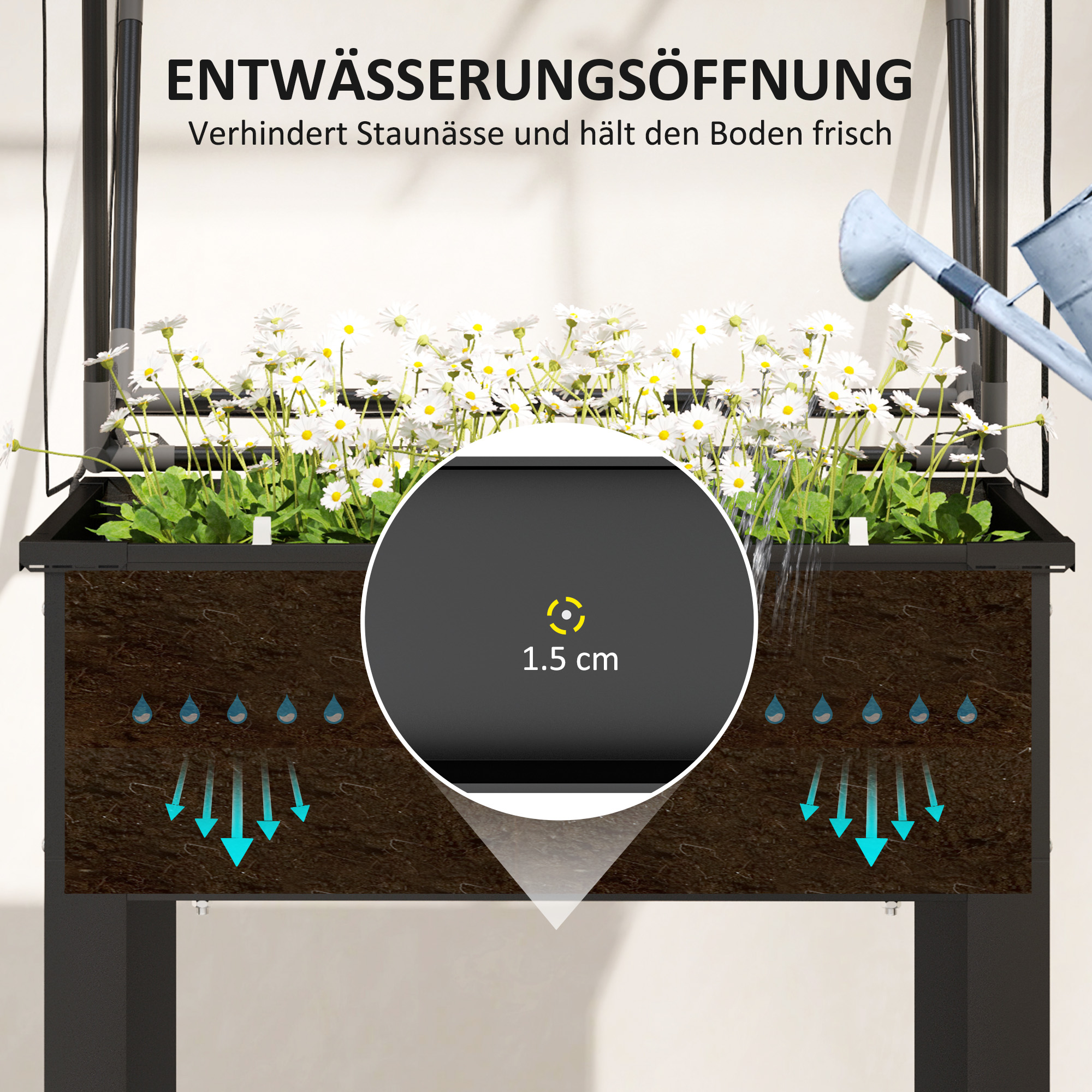 Hochbeet mit Gewächshaus-Dach, Erhöhte Pflanzenbox mit Ablauflöchern, 60 x 60 x 120 cm, Schwarz