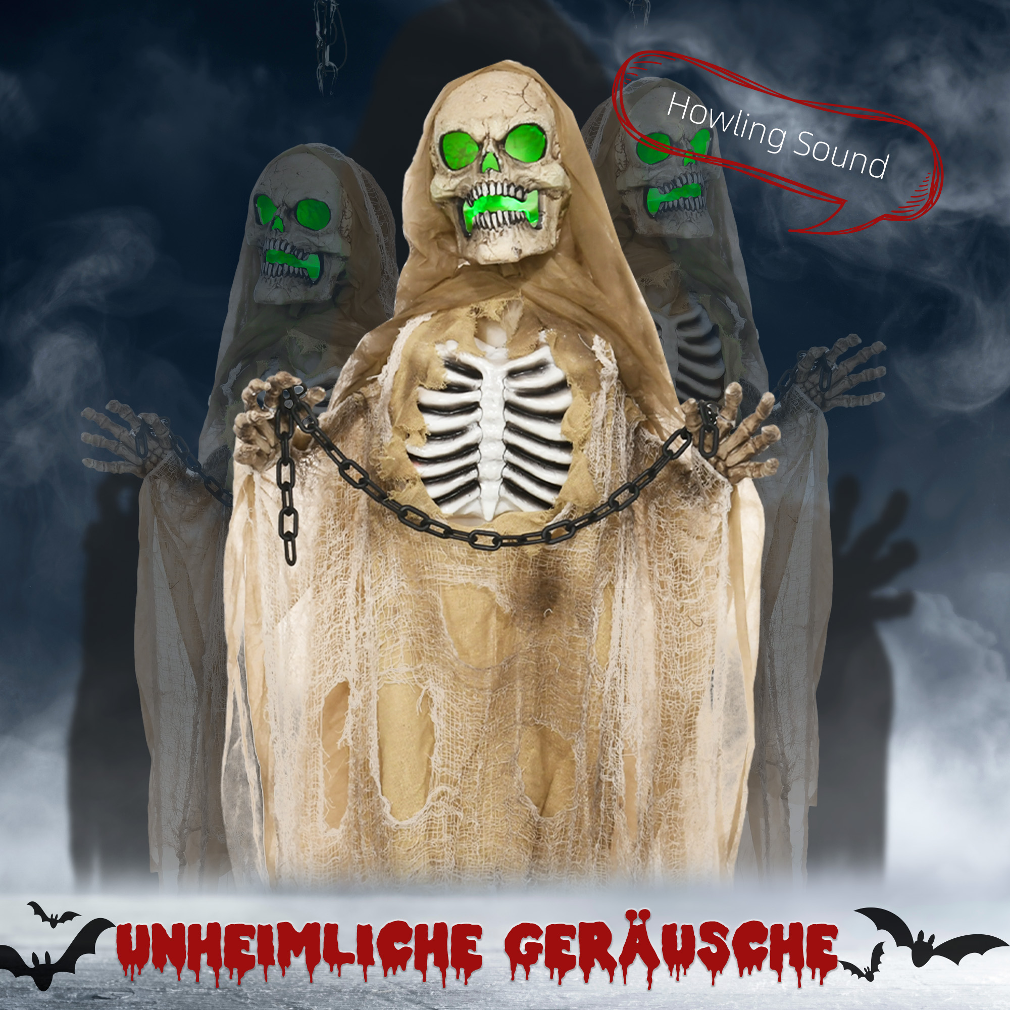 Halloweendekoration, Hängendes Skelett, leuchtender Kopf, unheimliches Heulen, biegsame Arme, Khaki