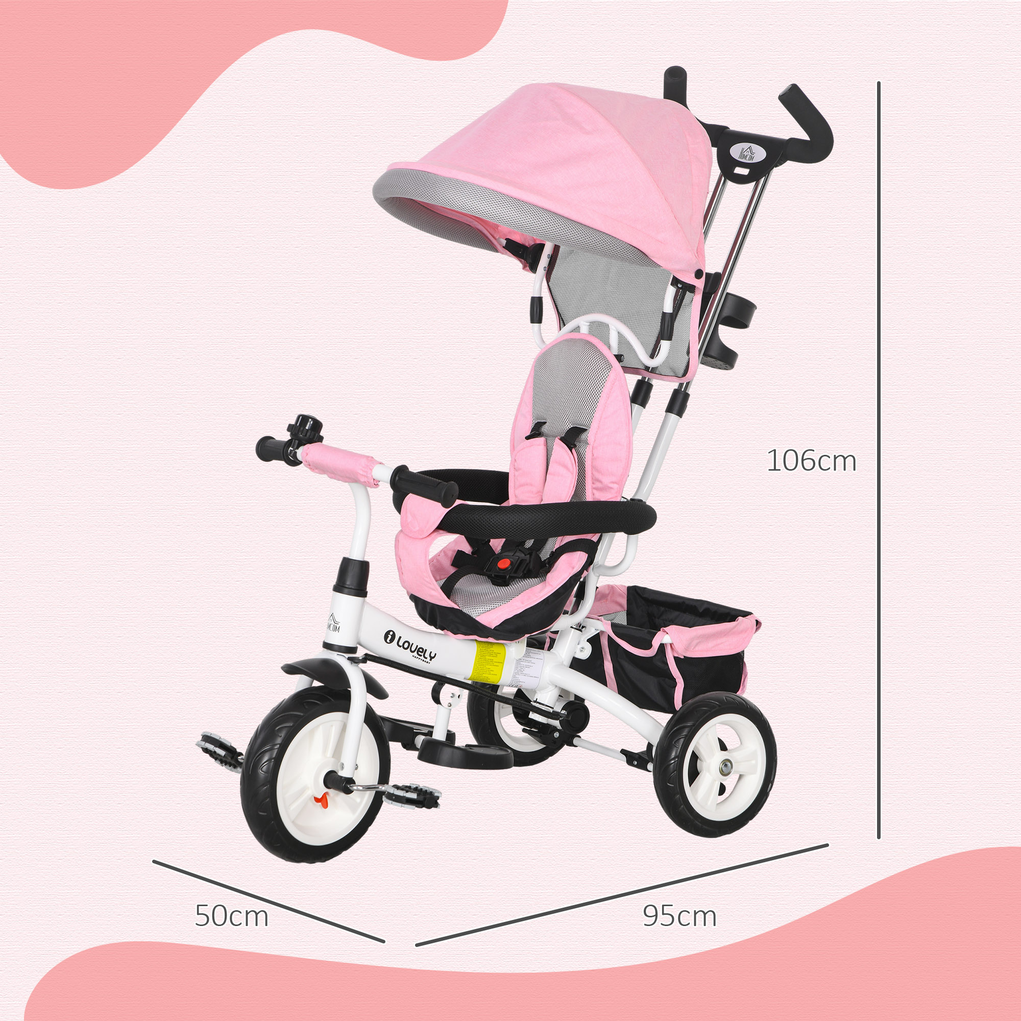 6-in-1 Kinderdreirad mit Schiebestange, Dach, Gurt, Ablagekorb, für 1-5 Jahre, Rosa