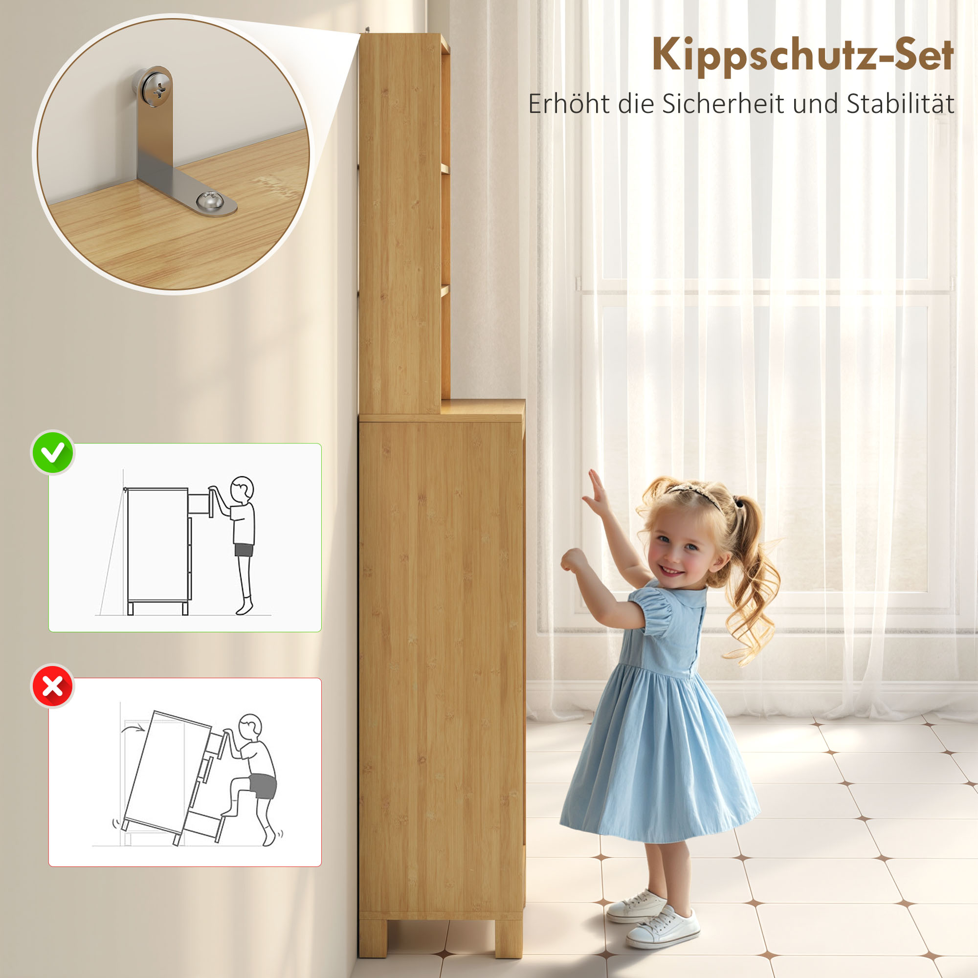 Badezimmerschrank schmal, Hochschrank mit 3 offenen Regalen, verstellbaren Regalen, Lamellentür, 34 x 30 x 170 cm Natur