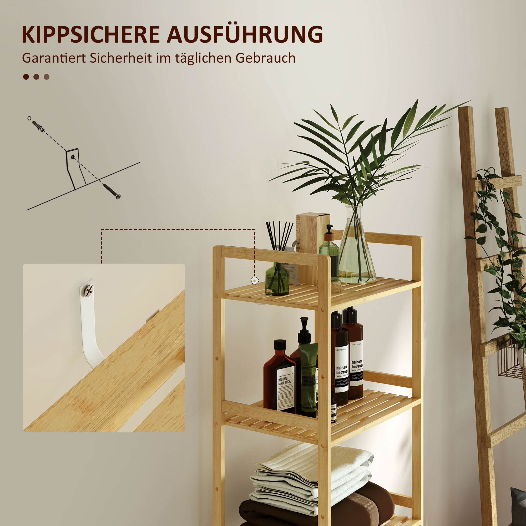 Bambus-Badezimmerregal mit 5 Ebenen, Aufbewahrungsregal mit verstellbaren Regalböden, 43,5 x 31,5 x 142 cm, Naturholz