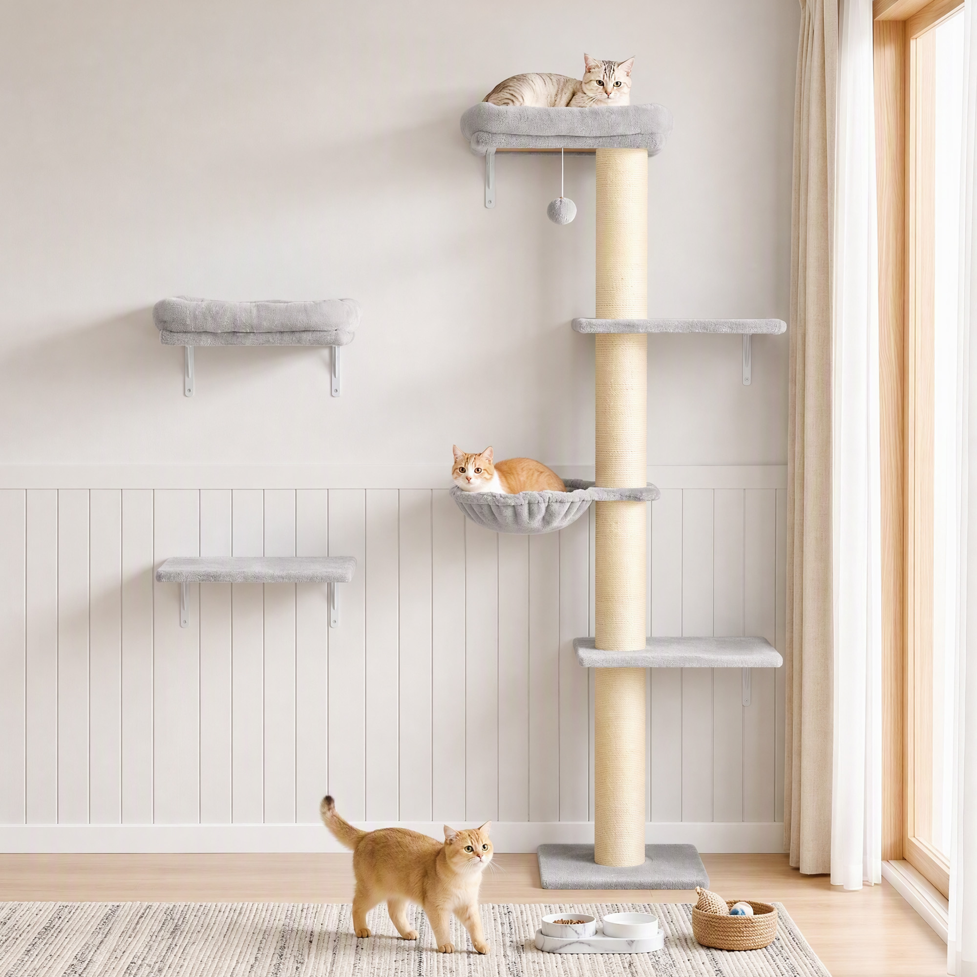 Kletterwand Katzen, 3-teilig Katzenkletterwand Set, Katzen Wandelemente mit Kratzbaum, Plattformen Hängematte