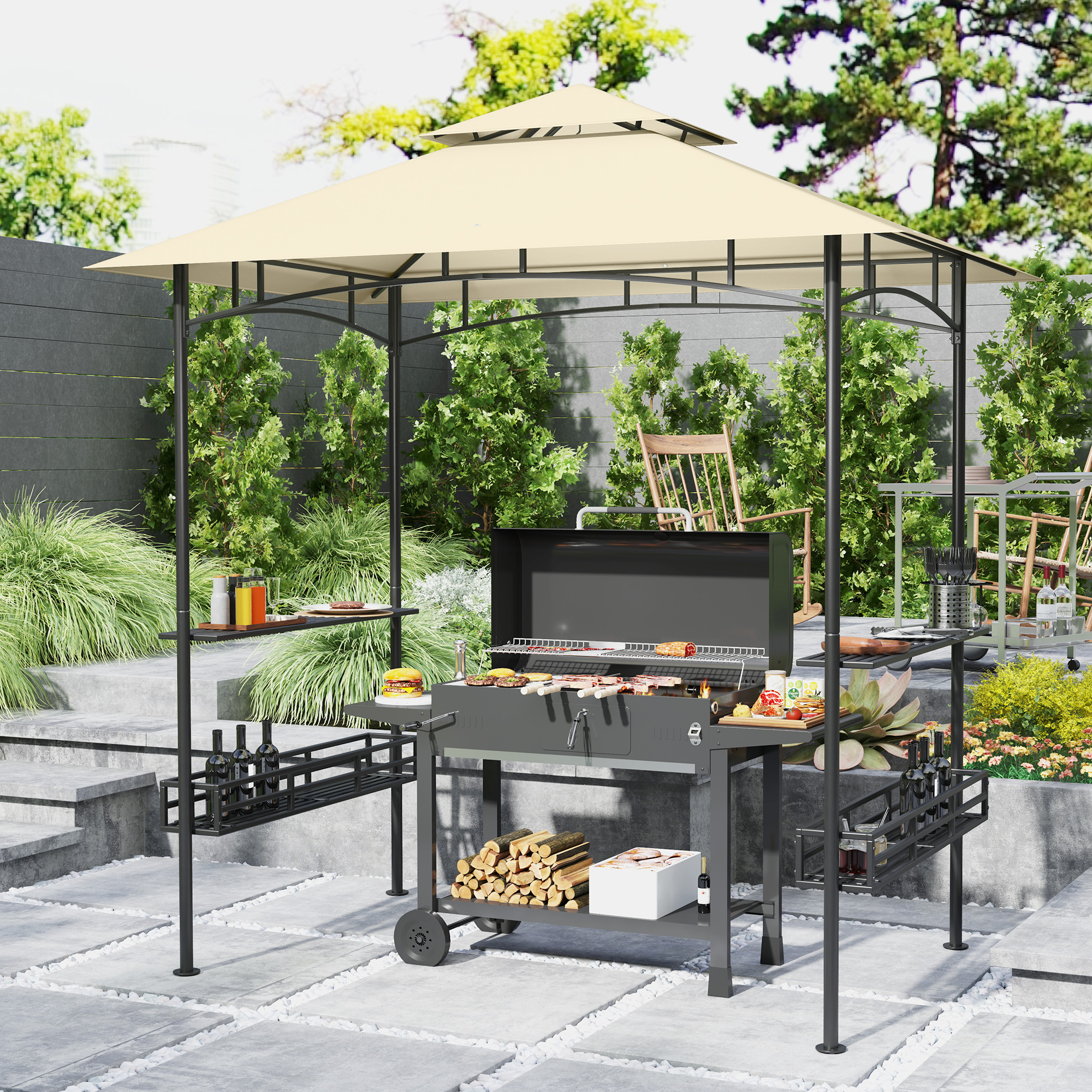 Grill-Zelt, BBQ-Zelt, Gartenpavillon mit 2 Regalen, Aufbewahrungskörbe, Haken, für Terrasse, Beige