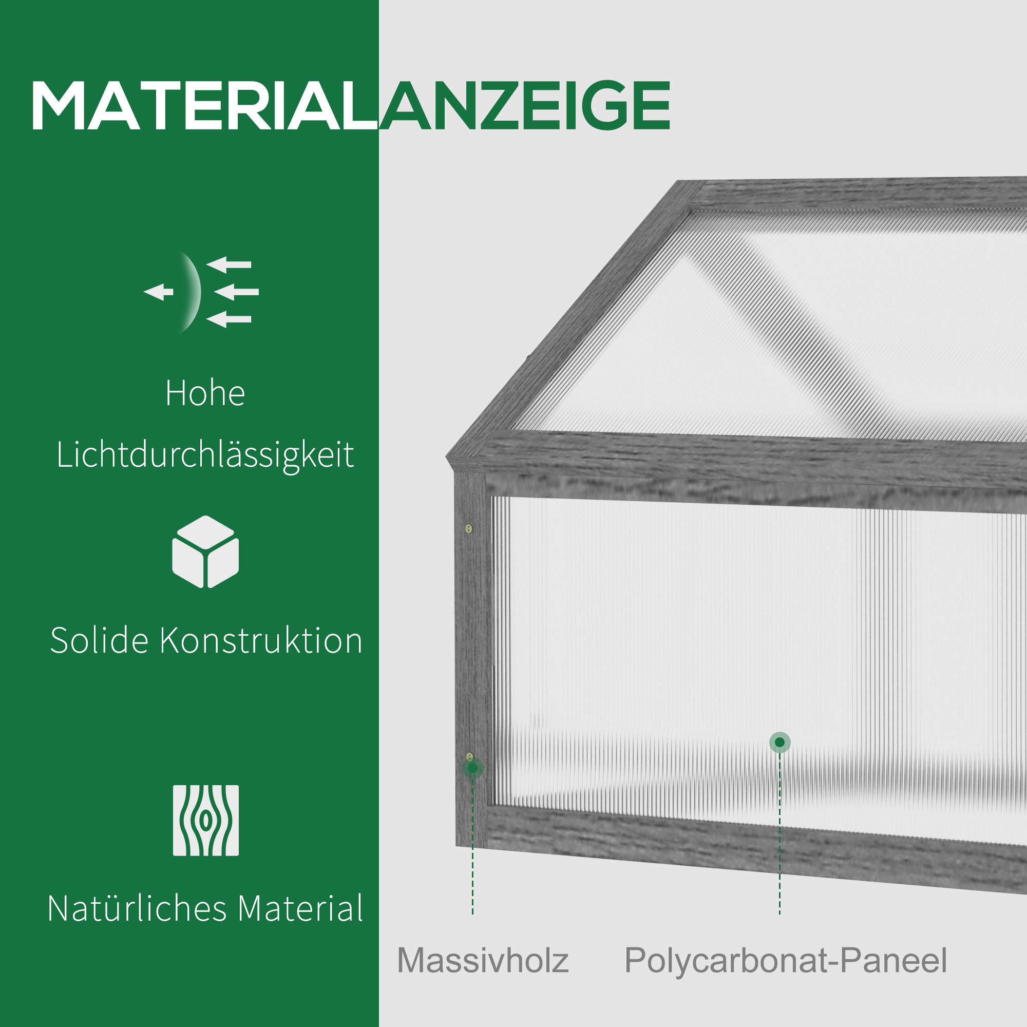 Mini-Gewächshaus, Kompaktes Pflanzenhaus aus Holz, Polycarbonat-Platten, Belüftungsöffnung, 90L x 52B x 49,5H cm, Grau