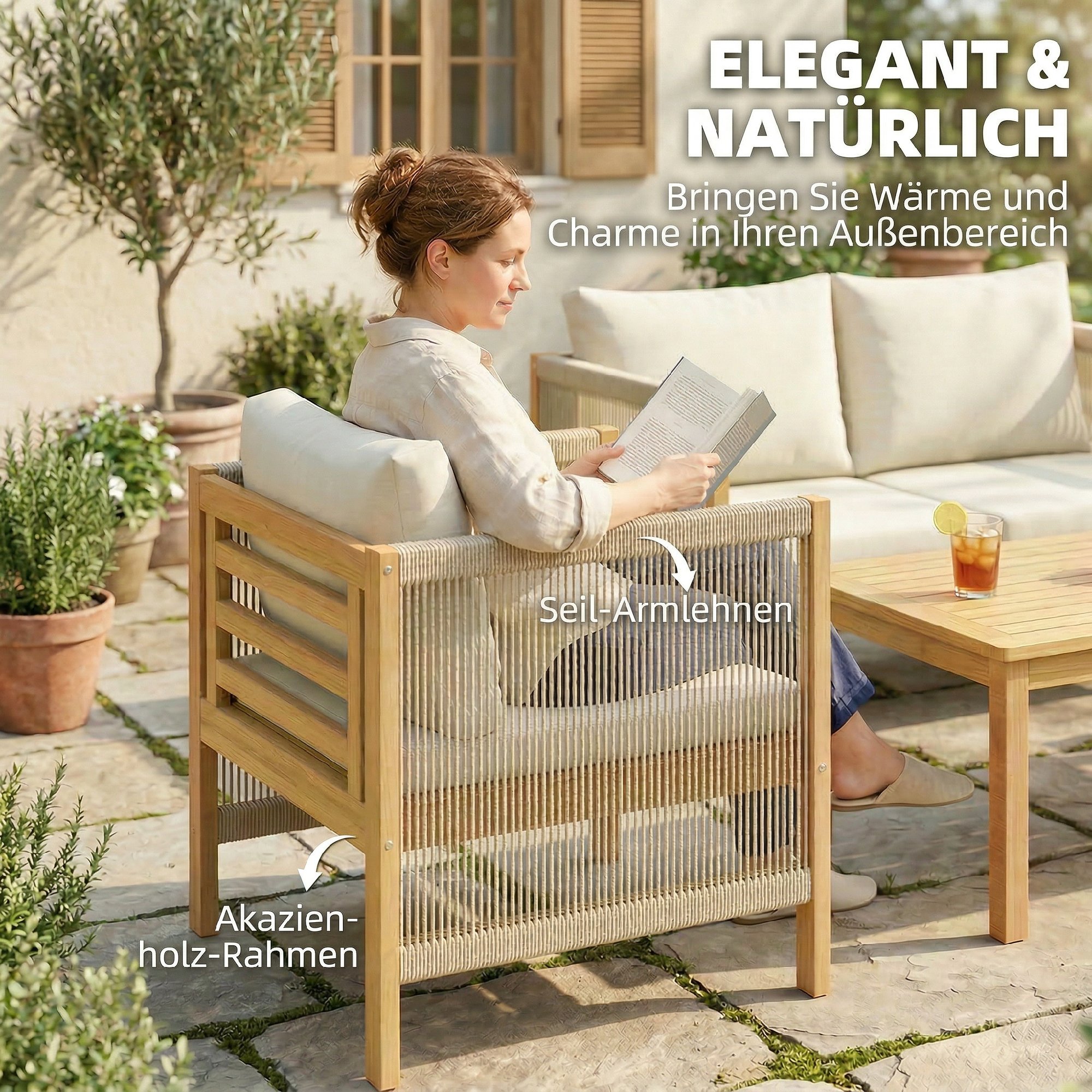 Gartenmöbel Set Holz Sitzgruppe für 4 Personen mit 2er Sofa 2 Sessel Tisch Seilflecht Lamellendesign waschbar Kissen