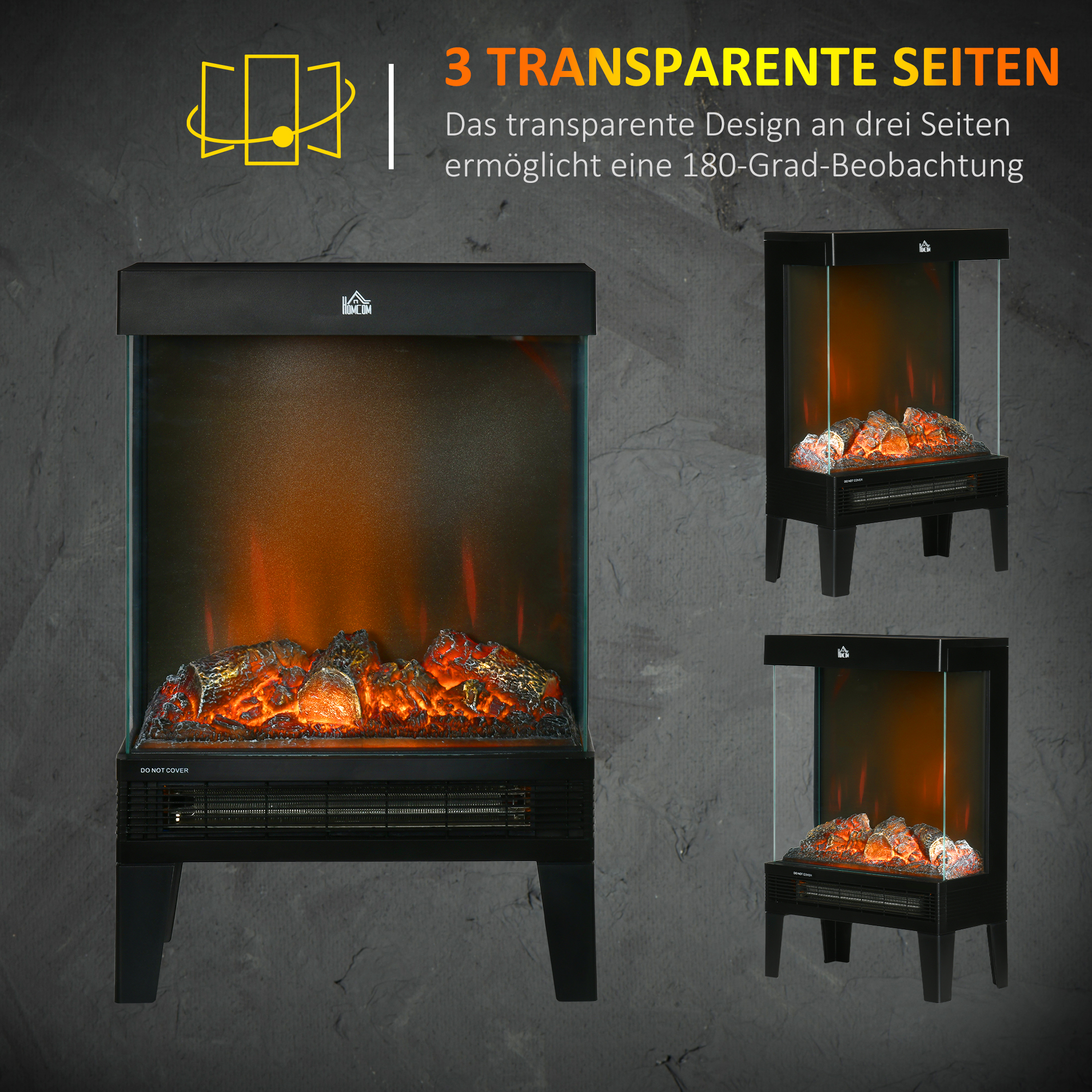 Elektrokamin, 2000 W, Standkamin mit HeizungLED 3D-Flammeneffekt, 4 Helligkeitsstufen, Elektrischer Kamin mit Thermostat, Überhitzungsschutz, Schwarz