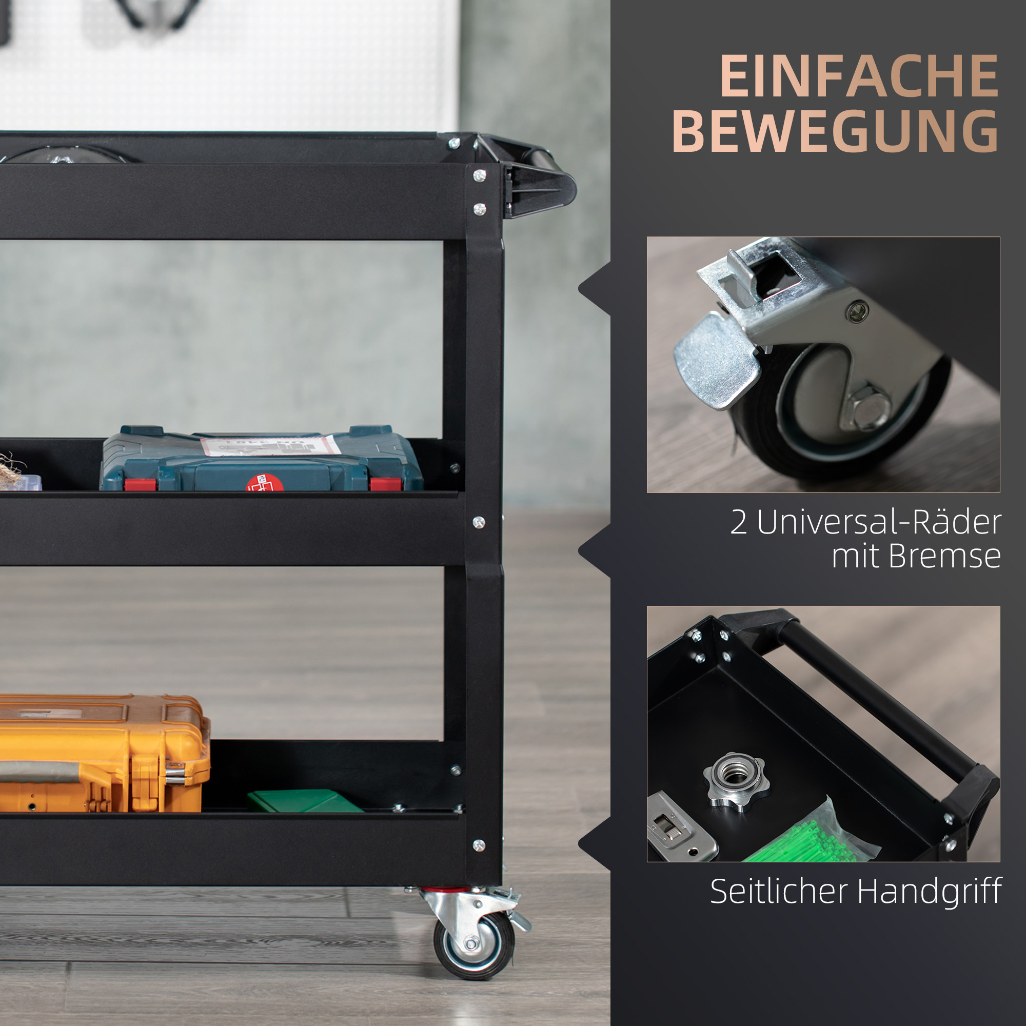 3-stufiger Werkzeugwagen, 4 Rollen, Stahl, 83B x 35,3T x 76H cm, Schwarz