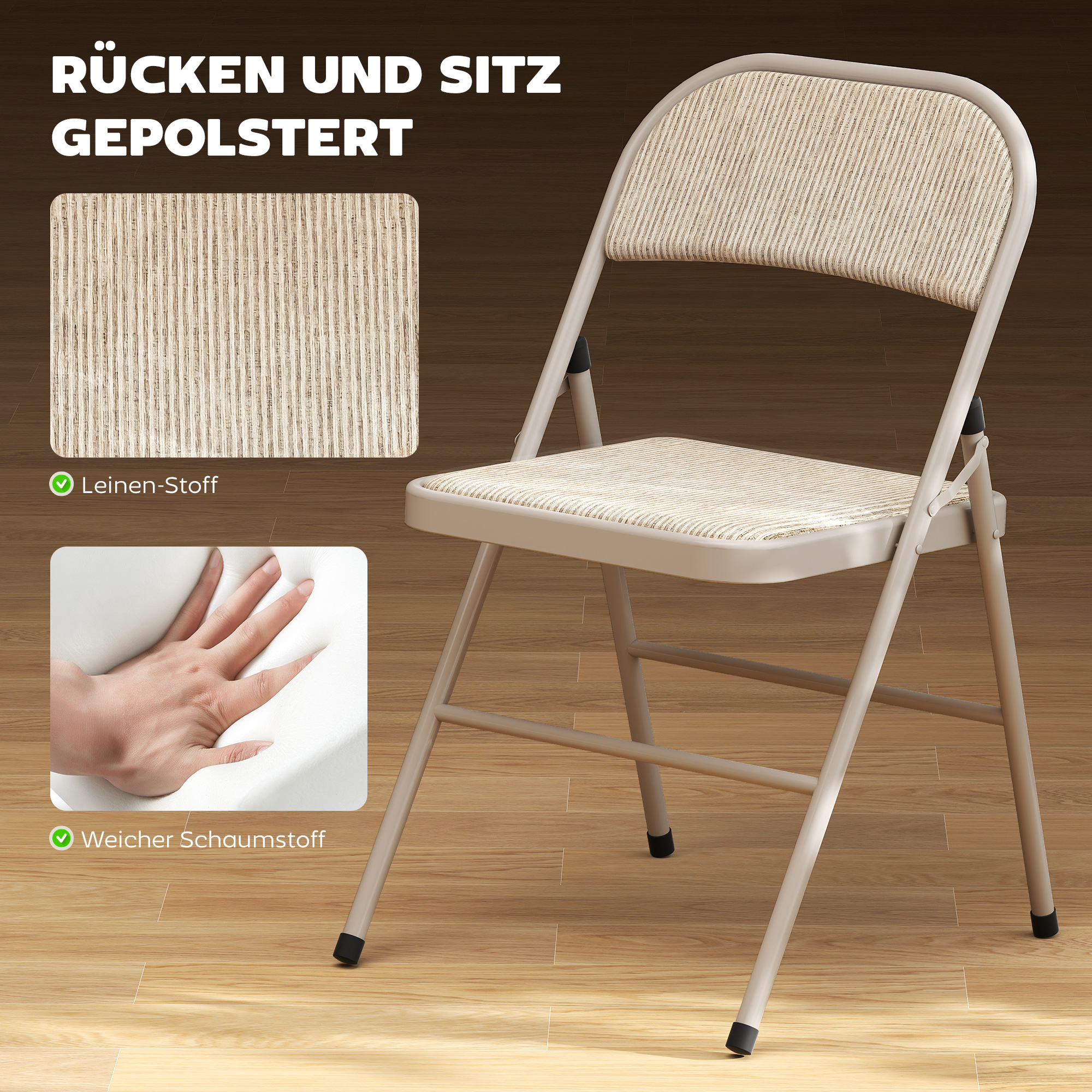 2er-Set Klappstühle, tragbare Bürostühle, Metallbeine, Faltstuhl für Büro, Empfang, Wartezimmer, Leinenoptik, Beige