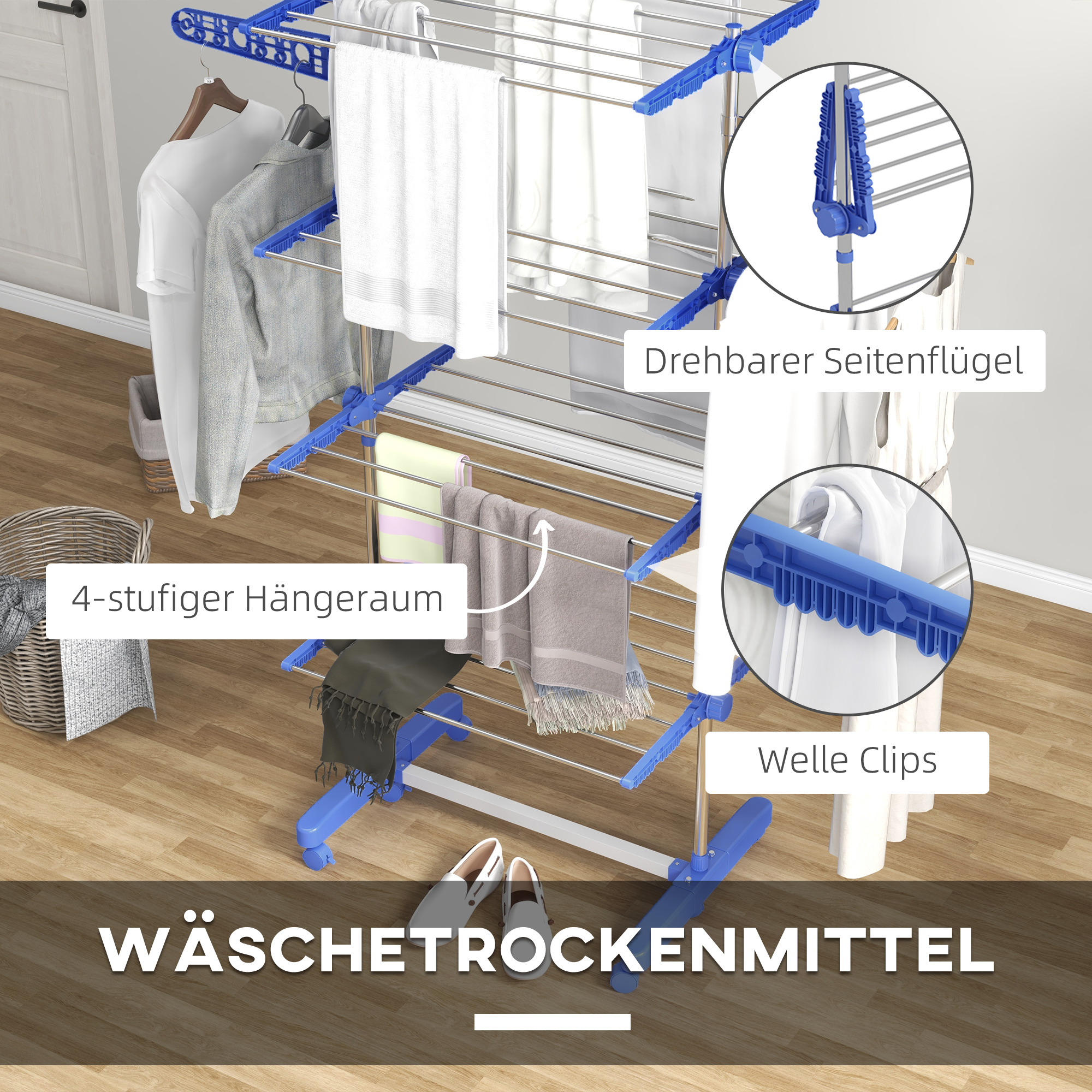 Wäschenständer Wäschetrockner 5 Ebenen, klappbar, One-Klick-System, 142 cm x 55 cm x1 72 cm, Blau + Silber