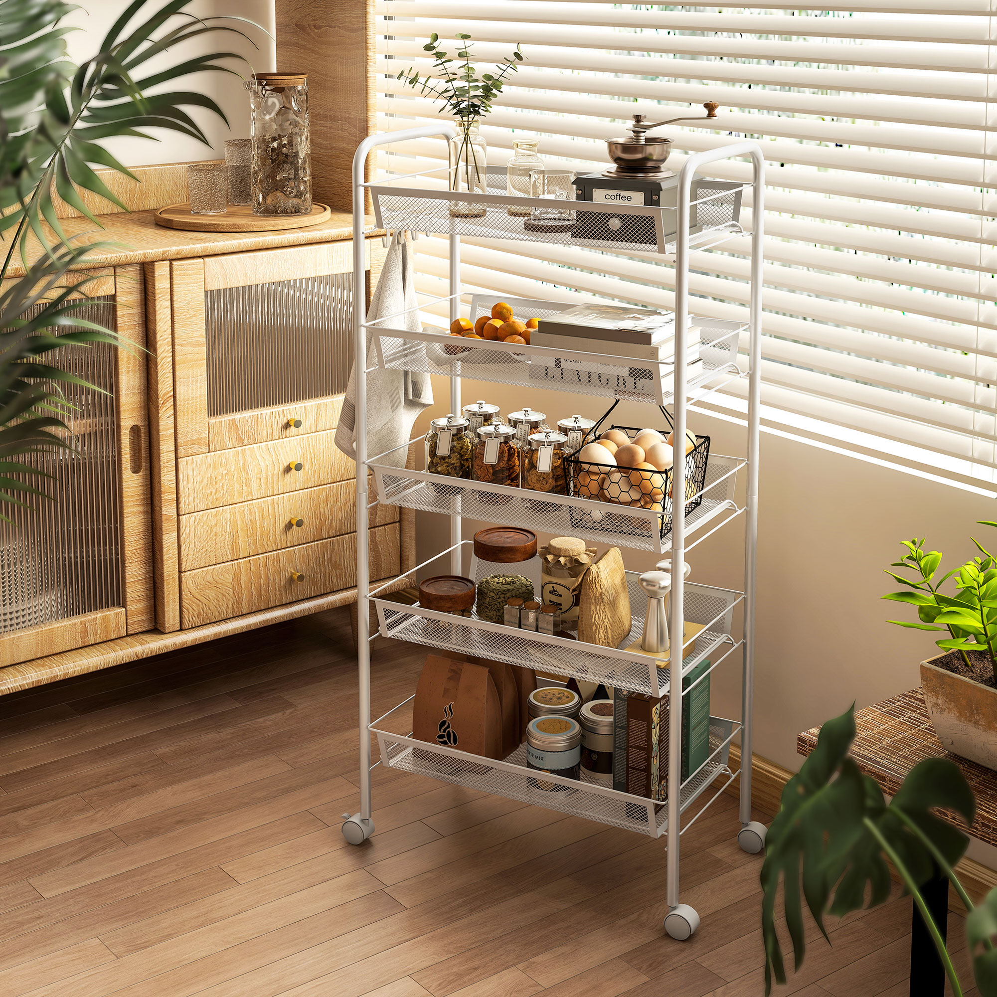 Küchenwagen mit 5 Drahtkörben, 4 Haken, 4 Rollen, 2 Griffe, Stahl/Kunststoff, 45x26,5x106 cm, Weiß