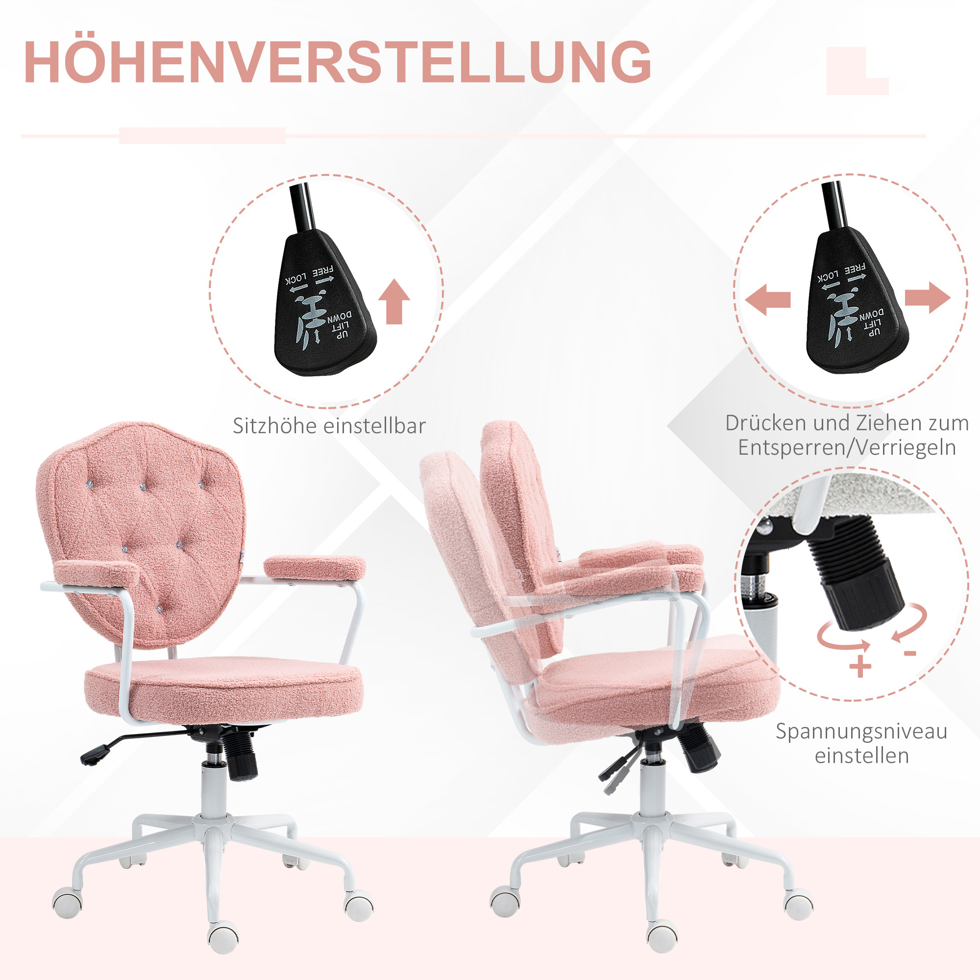 Bürostuhl mit geknöpftem, weichem Bezug, höhenverstellbar, Rosa