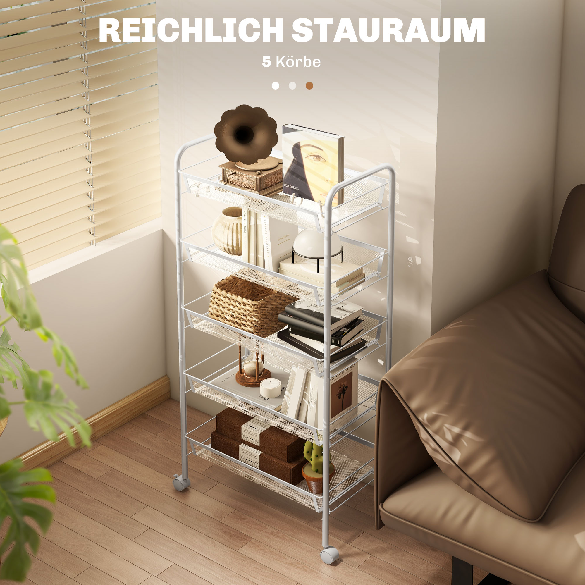 Küchenwagen mit 5 Drahtkörben, 4 Haken, 4 Rollen, 2 Griffe, Stahl/Kunststoff, 45x26,5x106 cm, Weiß