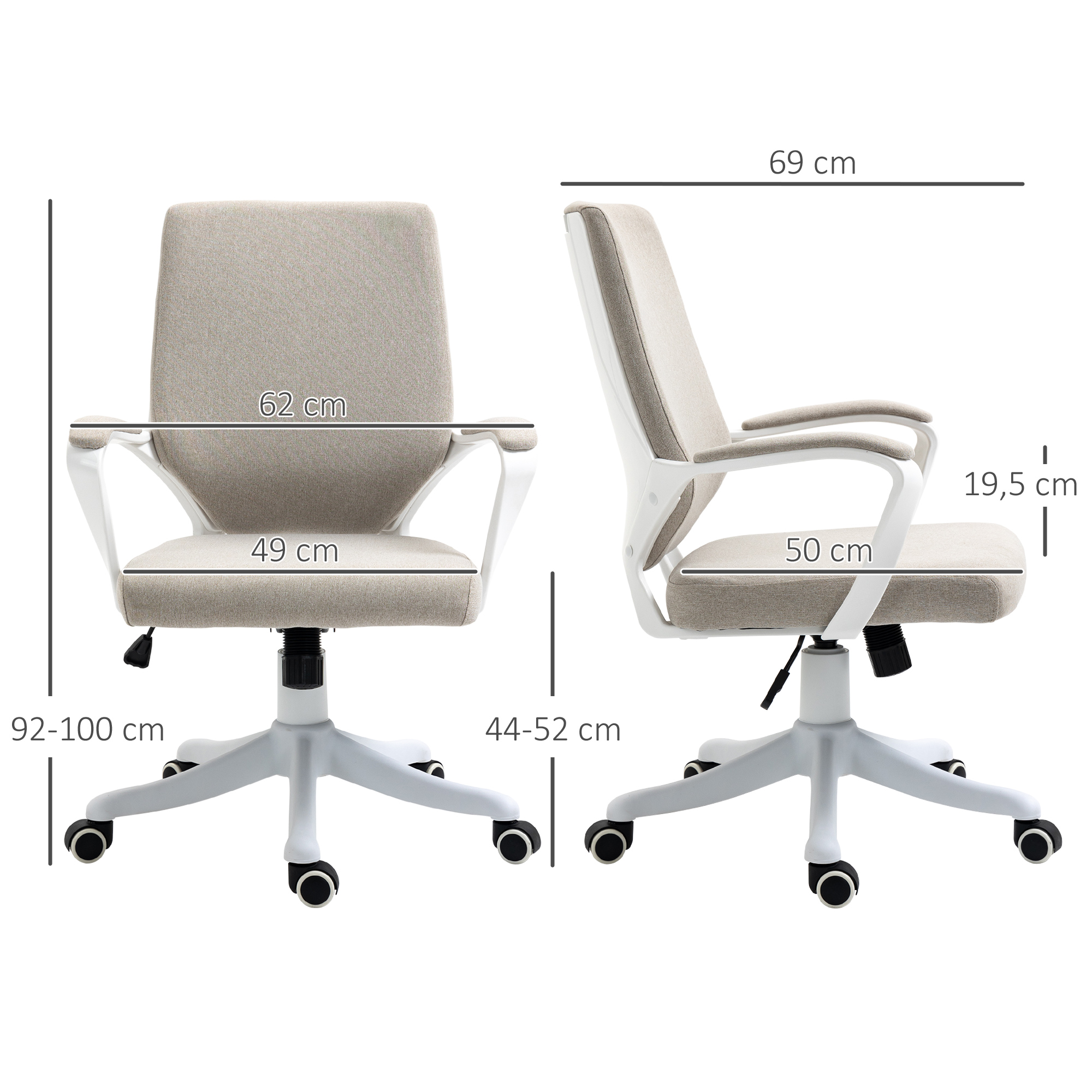 Bürostuhl Schreibtischstuhl Home-Office-Stuhl mit Wippenfunktion Rückenlehne höhenverstellbarer dick gepolstert ergonomisch 360°-Drehräder Polyester Nylon PP Beige+Weiß 62x69x92-100 cm